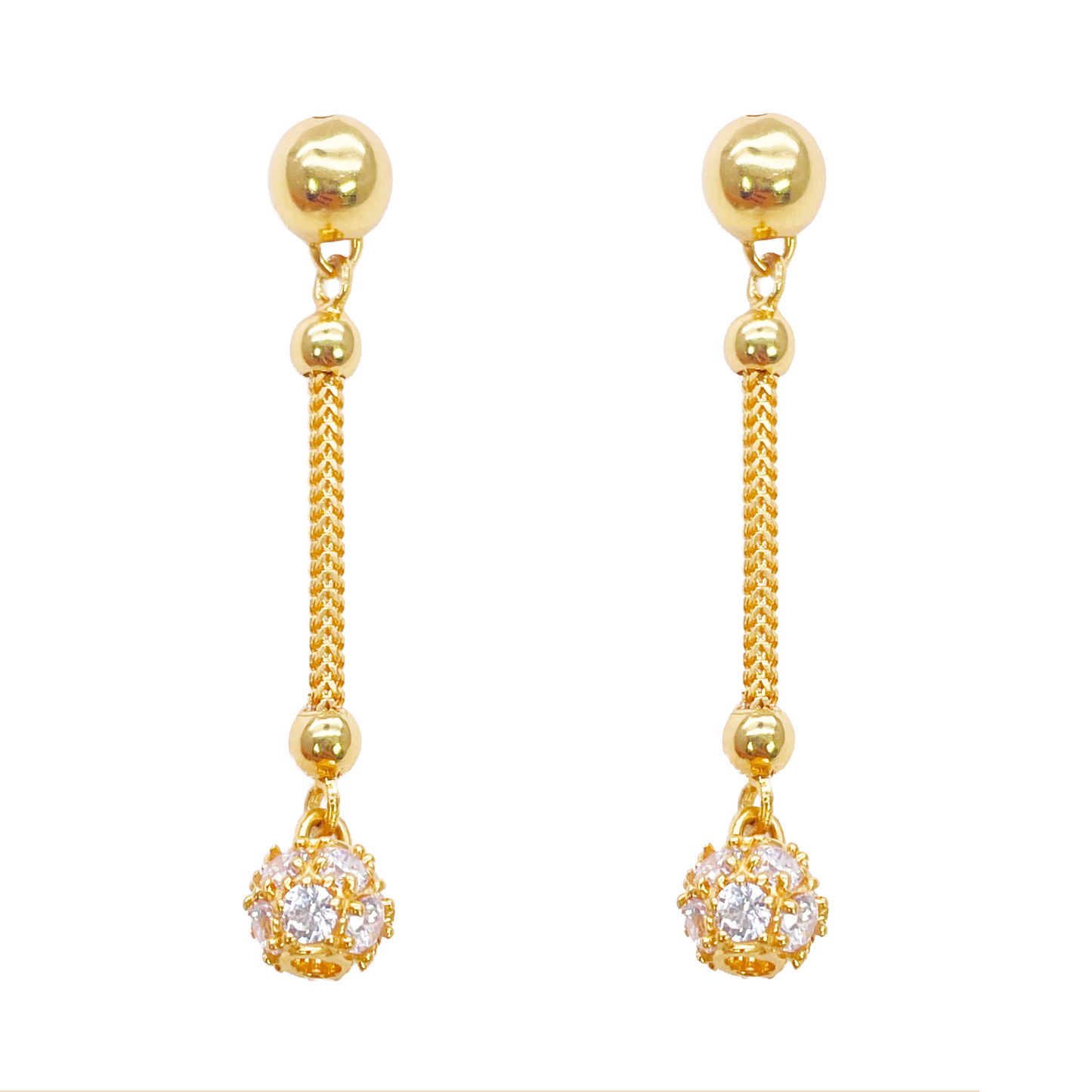 22ct Gold Drop Earrings Cubic Zirconia Glitter Ball Dragon Foxtail Chain Link 1.5 Inches
