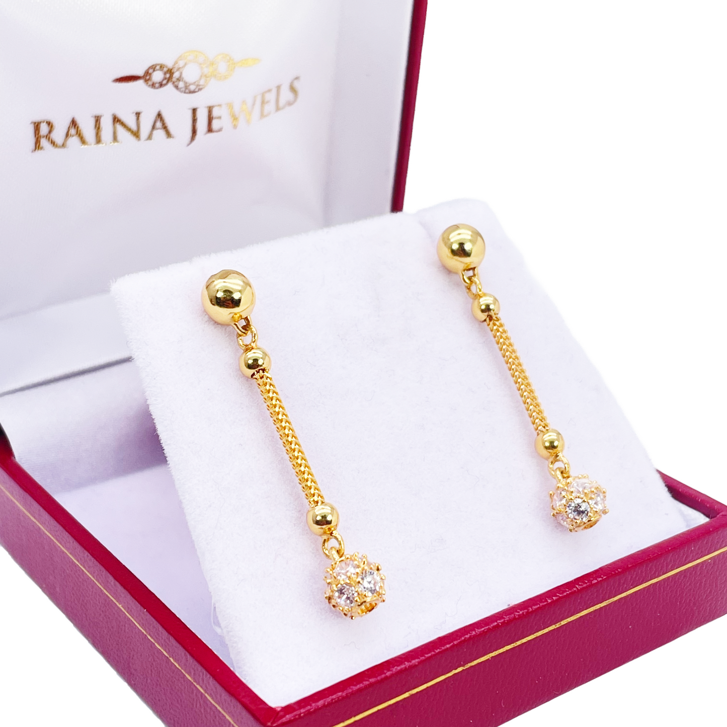 22ct Gold Drop Earrings Cubic Zirconia Glitter Ball Dragon Foxtail Chain Link 1.5 Inches