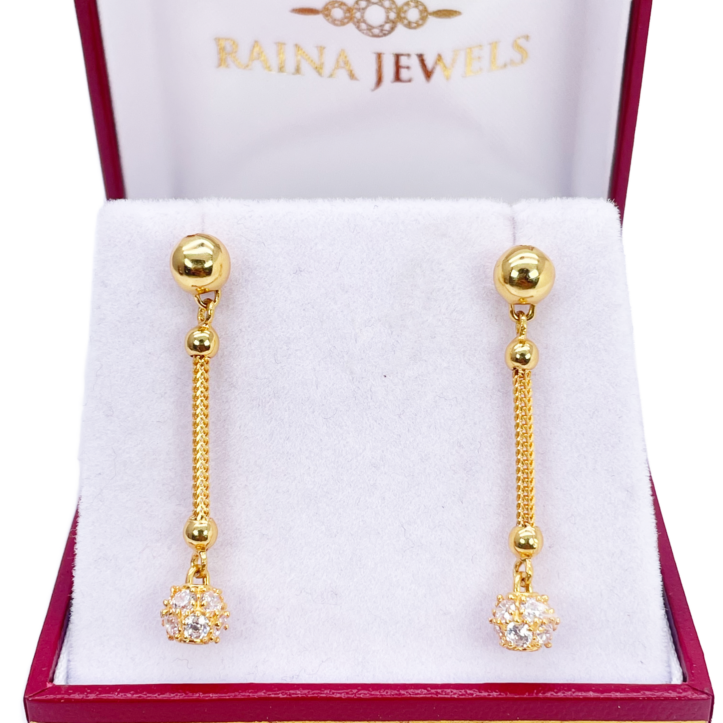 22ct Gold Drop Earrings Cubic Zirconia Glitter Ball Dragon Foxtail Chain Link 1.5 Inches