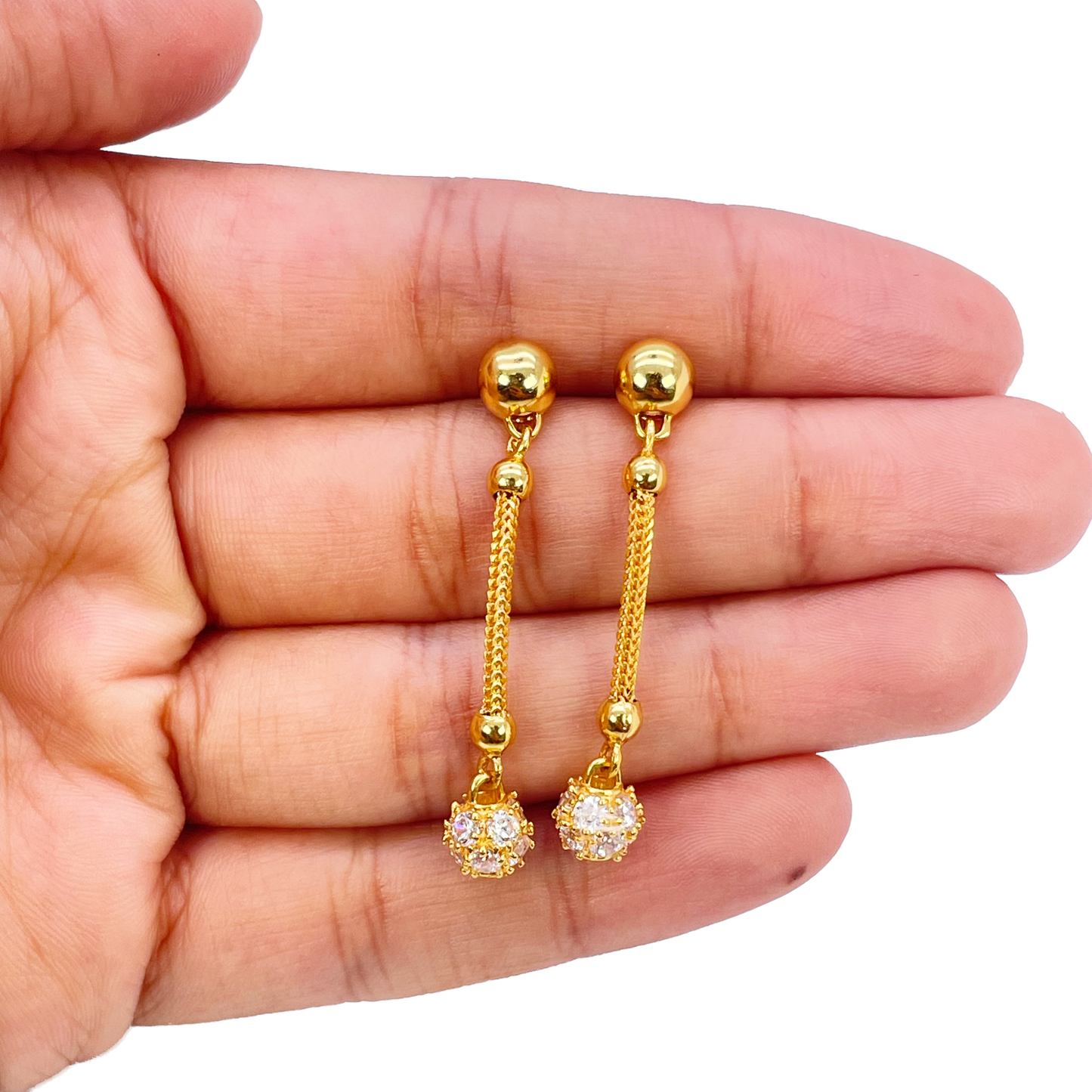 22ct Gold Drop Earrings Cubic Zirconia Glitter Ball Dragon Foxtail Chain Link 1.5 Inches