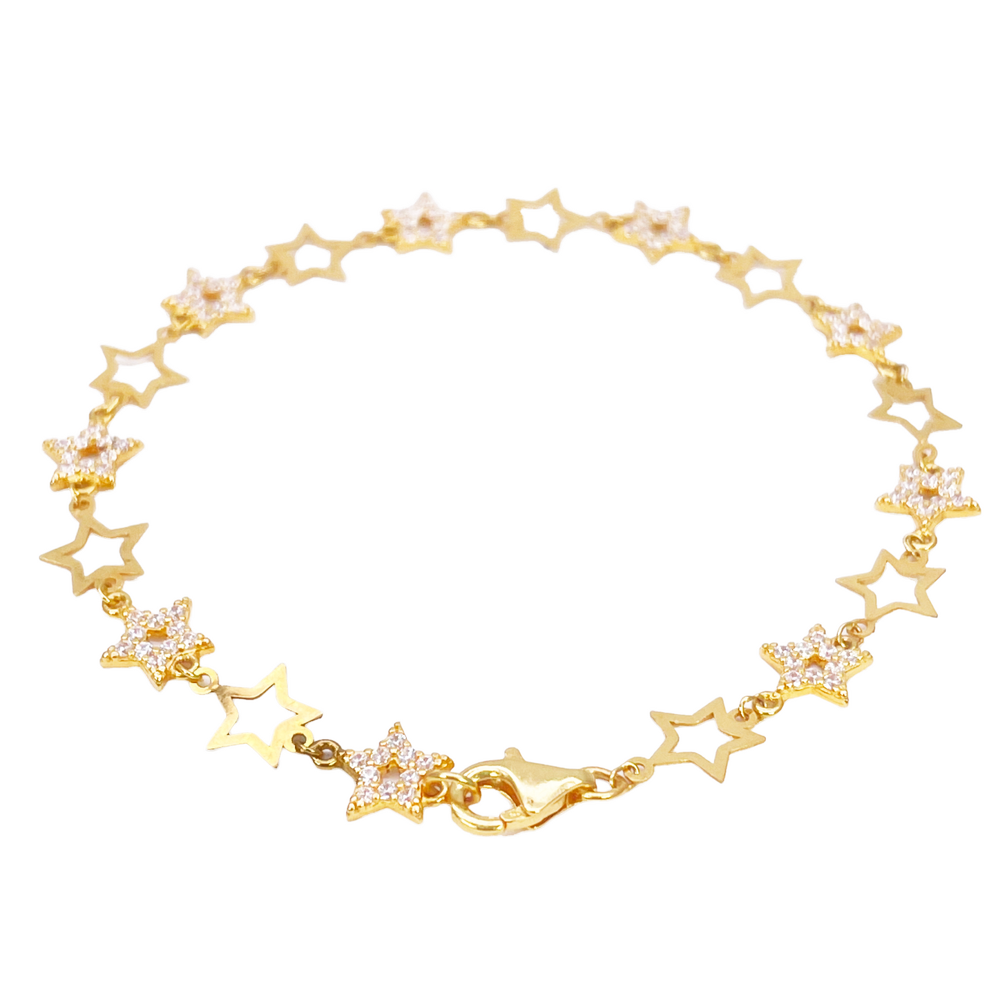 22ct Gold Cubic Zirconia Star Bracelet Lightweight High Polished 7 Inches