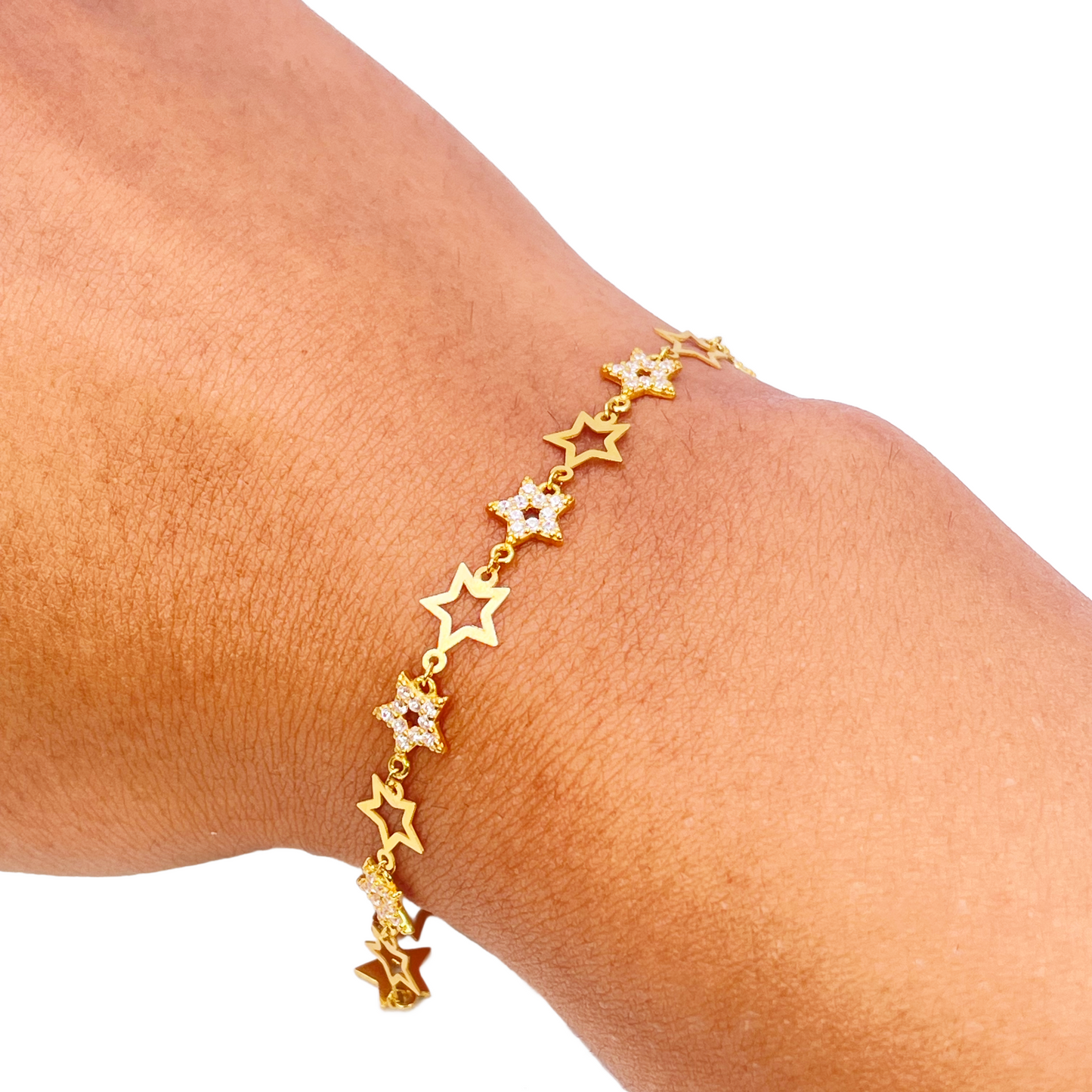 22ct Gold Cubic Zirconia Star Bracelet Lightweight High Polished 7 Inches