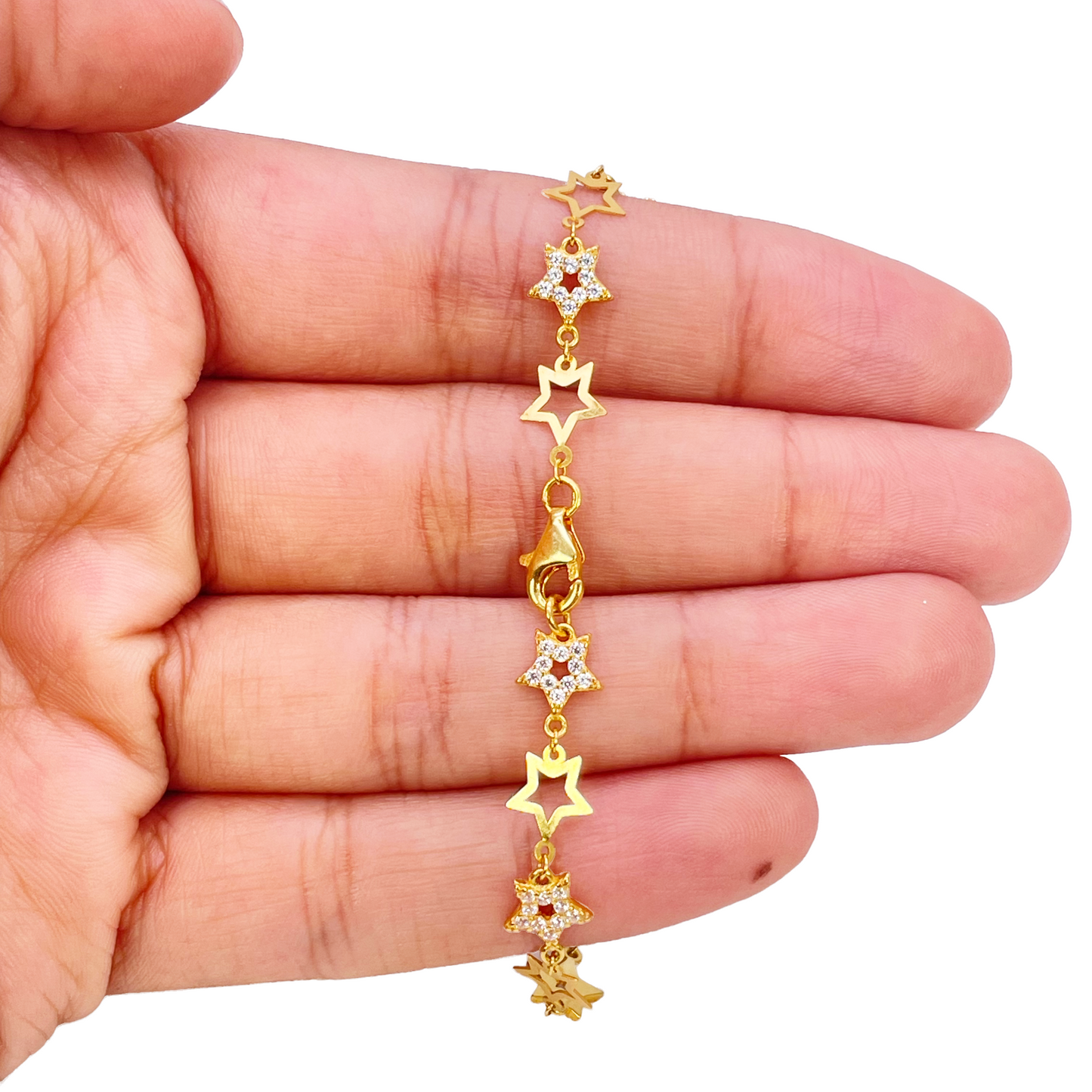 22ct Gold Cubic Zirconia Star Bracelet Lightweight High Polished 7 Inches