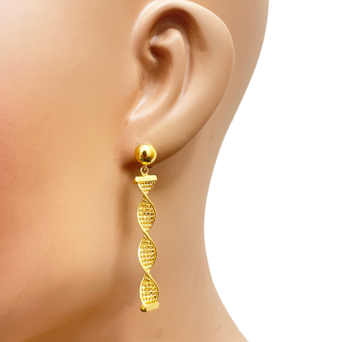 22ct Gold Drop Earrings Diamond Cut High Polished Twisted Studs 45x5.3mm