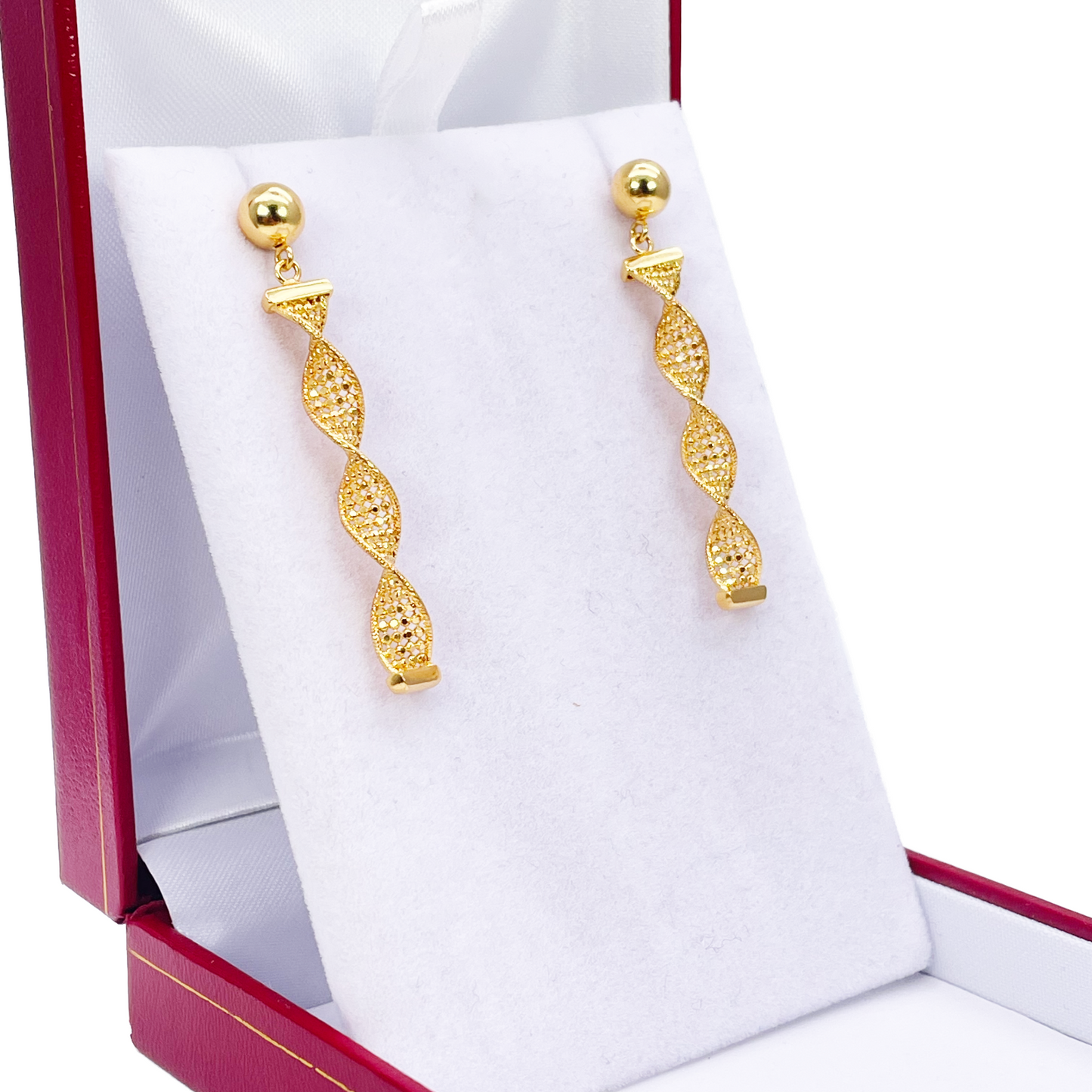 22ct Gold Drop Earrings Diamond Cut High Polished Twisted Studs 45x5.3mm