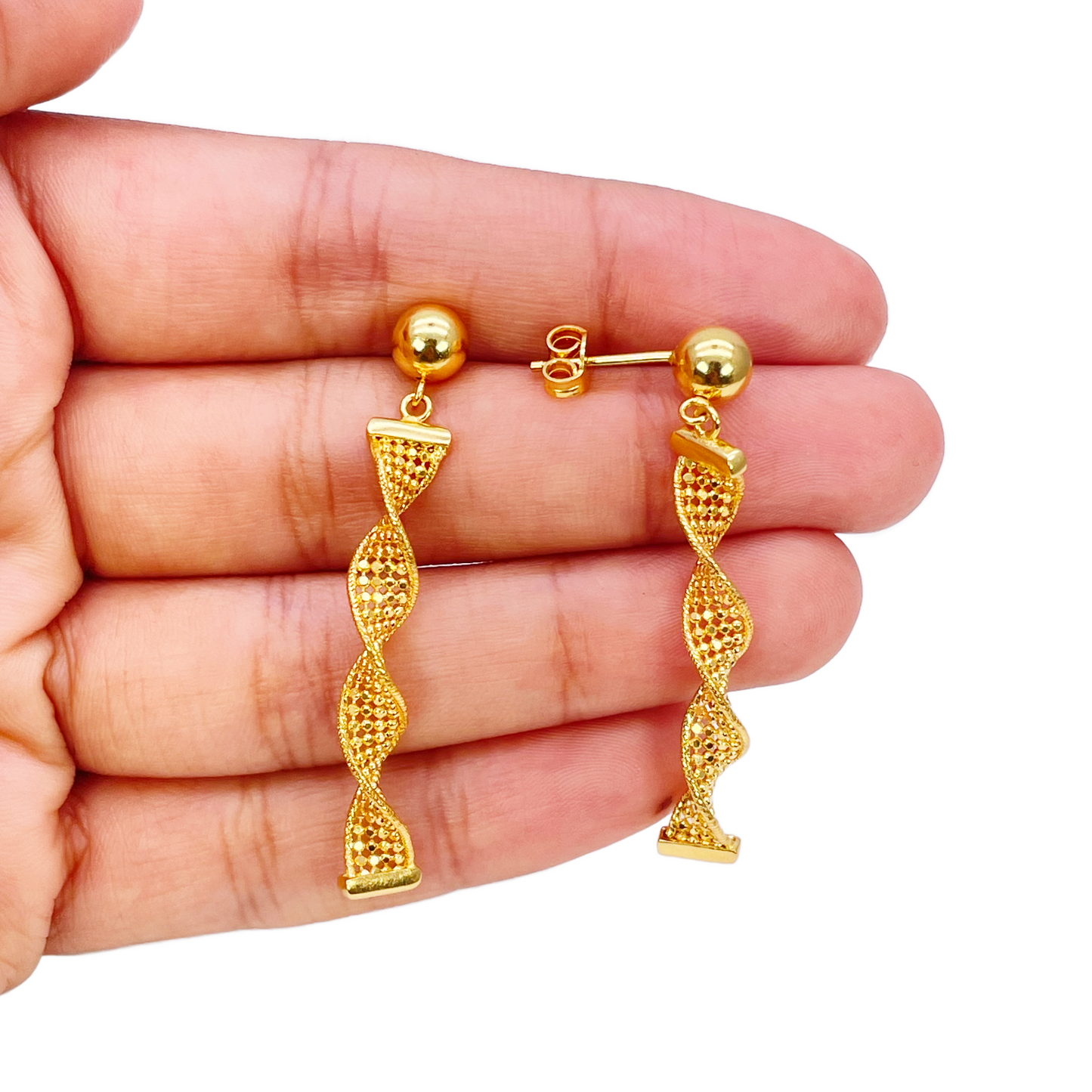 22ct Gold Drop Earrings Diamond Cut High Polished Twisted Studs 45x5.3mm