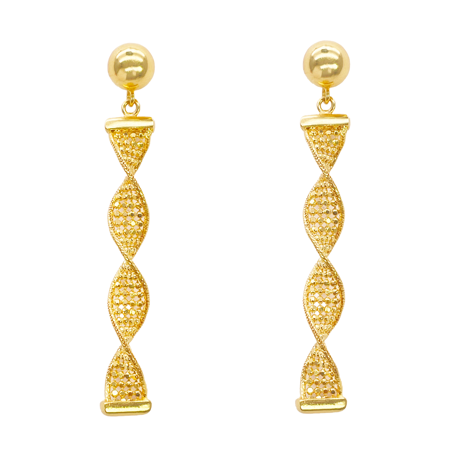 22ct Gold Drop Earrings Diamond Cut High Polished Twisted Studs 45x5.3mm