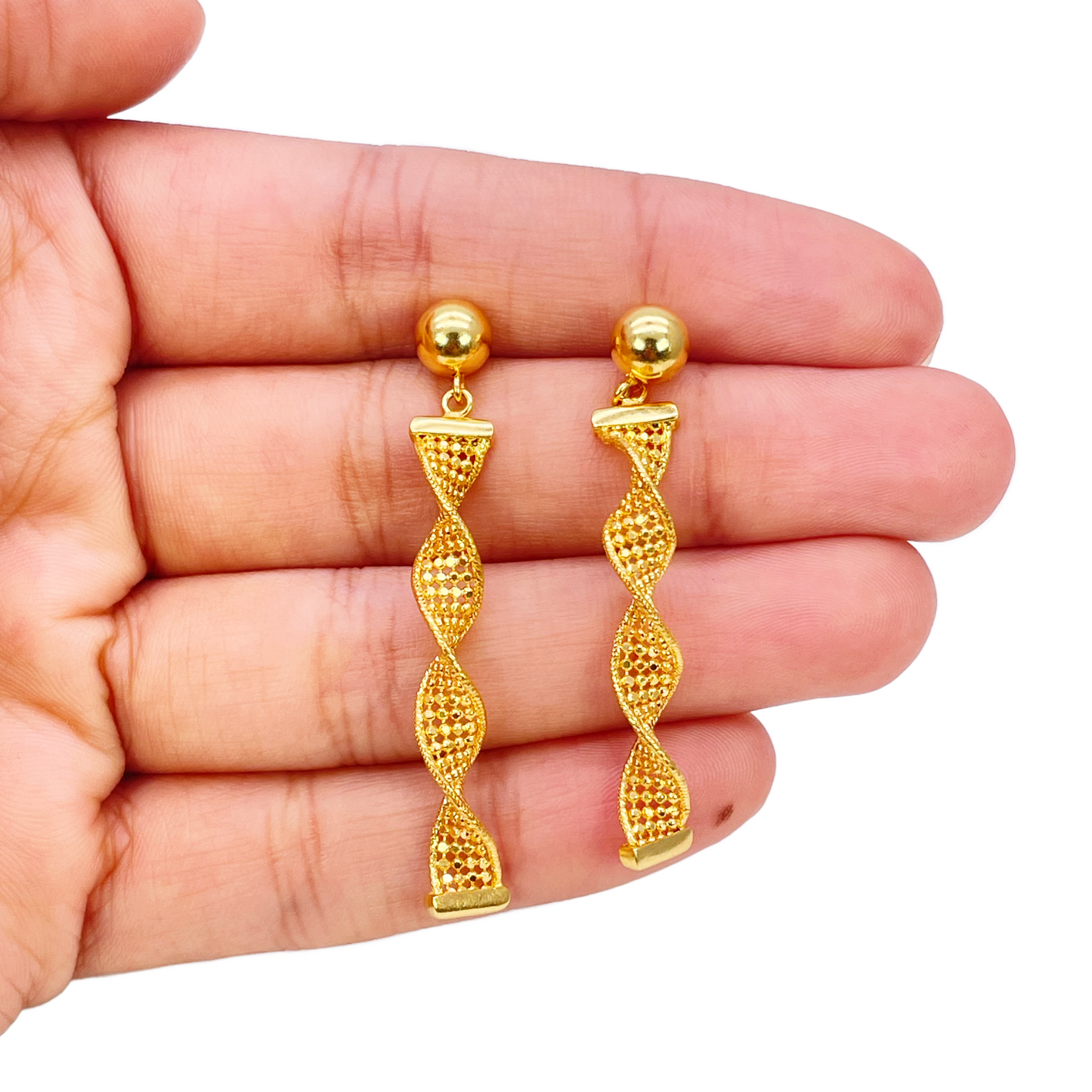 22ct Gold Drop Earrings Diamond Cut High Polished Twisted Studs 45x5.3mm