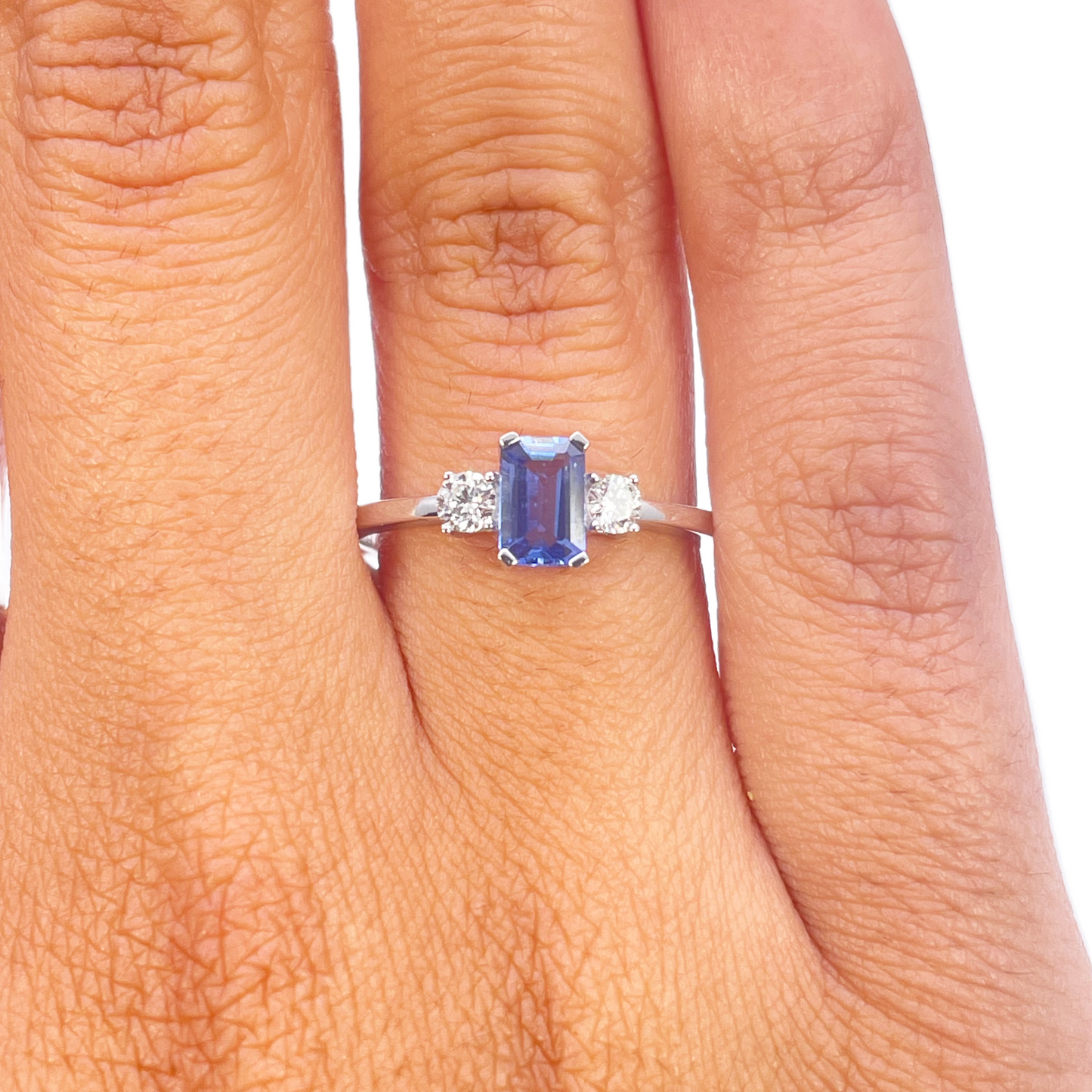 18ct Gold Sapphire Diamond Ring Natural Round & Emerald Cut Three-Stone 0.65ct Diamond Ring