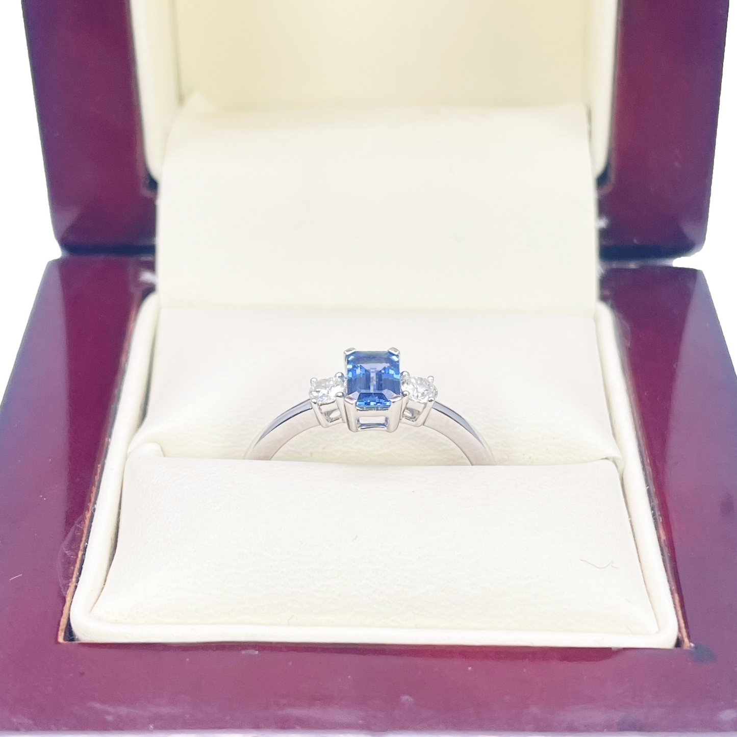 18ct Gold Sapphire Diamond Ring Natural Round & Emerald Cut Three-Stone 0.65ct Diamond Ring