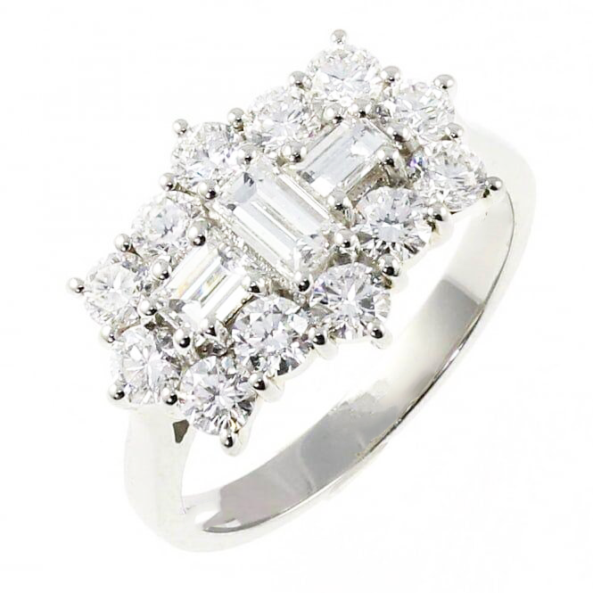 18ct White Gold Natural Diamond Round & Baguette Cluster Ring 1.00 carat GVS