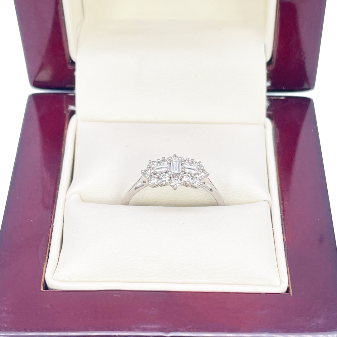 18ct White Gold Natural Diamond Round & Baguette Cluster Ring 1.00 carat GVS