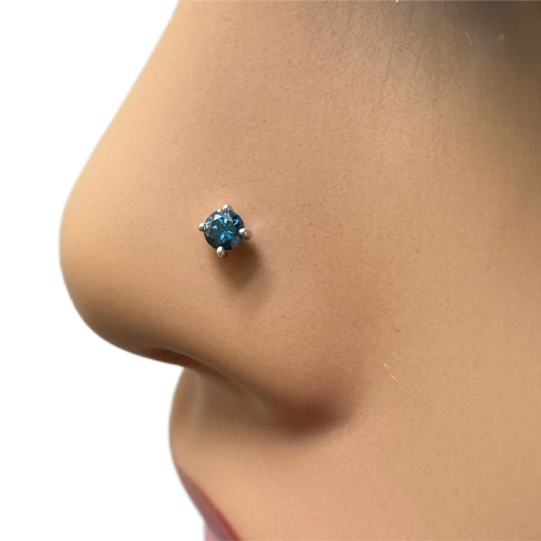 Blue Diamond Nose Stud / Nose Pin White / Rose Gold 18ct 0.08 cts Screw Back