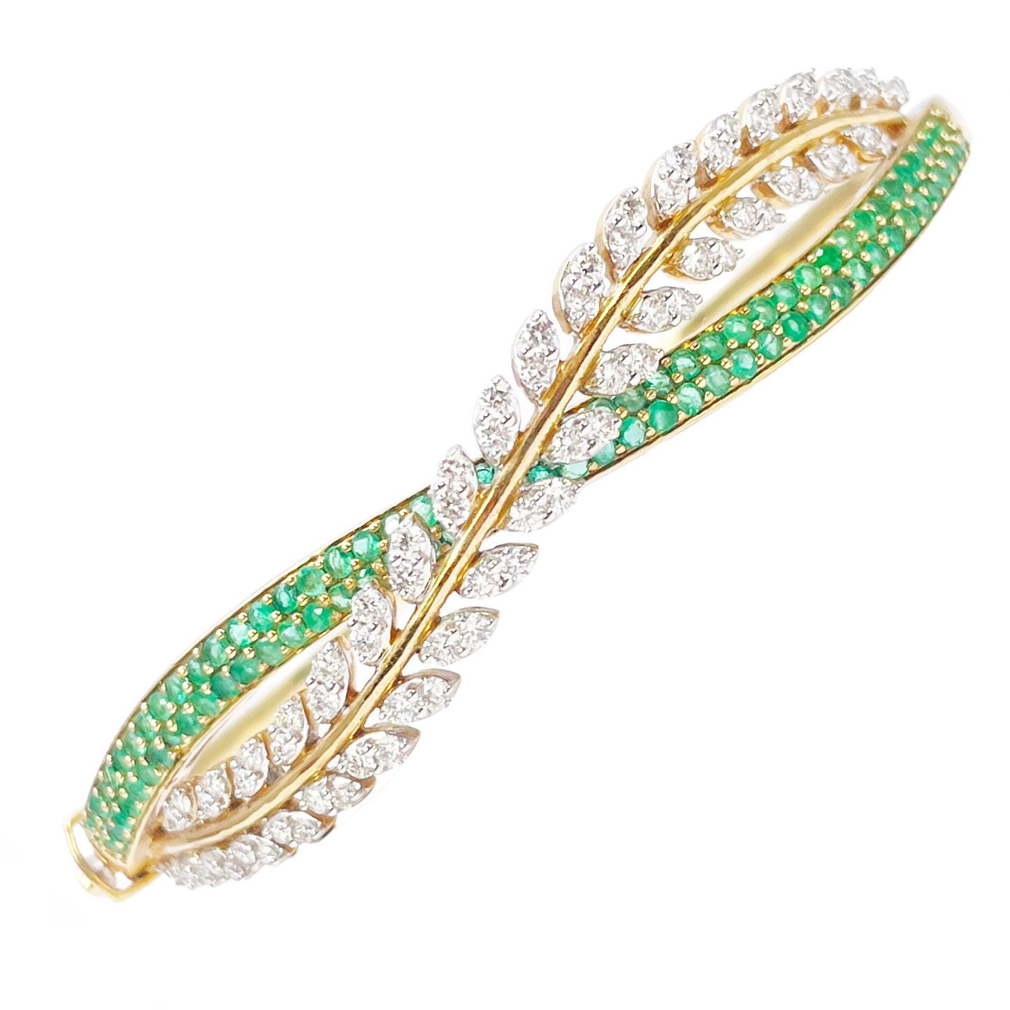 18ct Yellow Gold Diamond & Emerald Leaf Bangle Bracelet 2.17ct Diameter 2.2 Inch