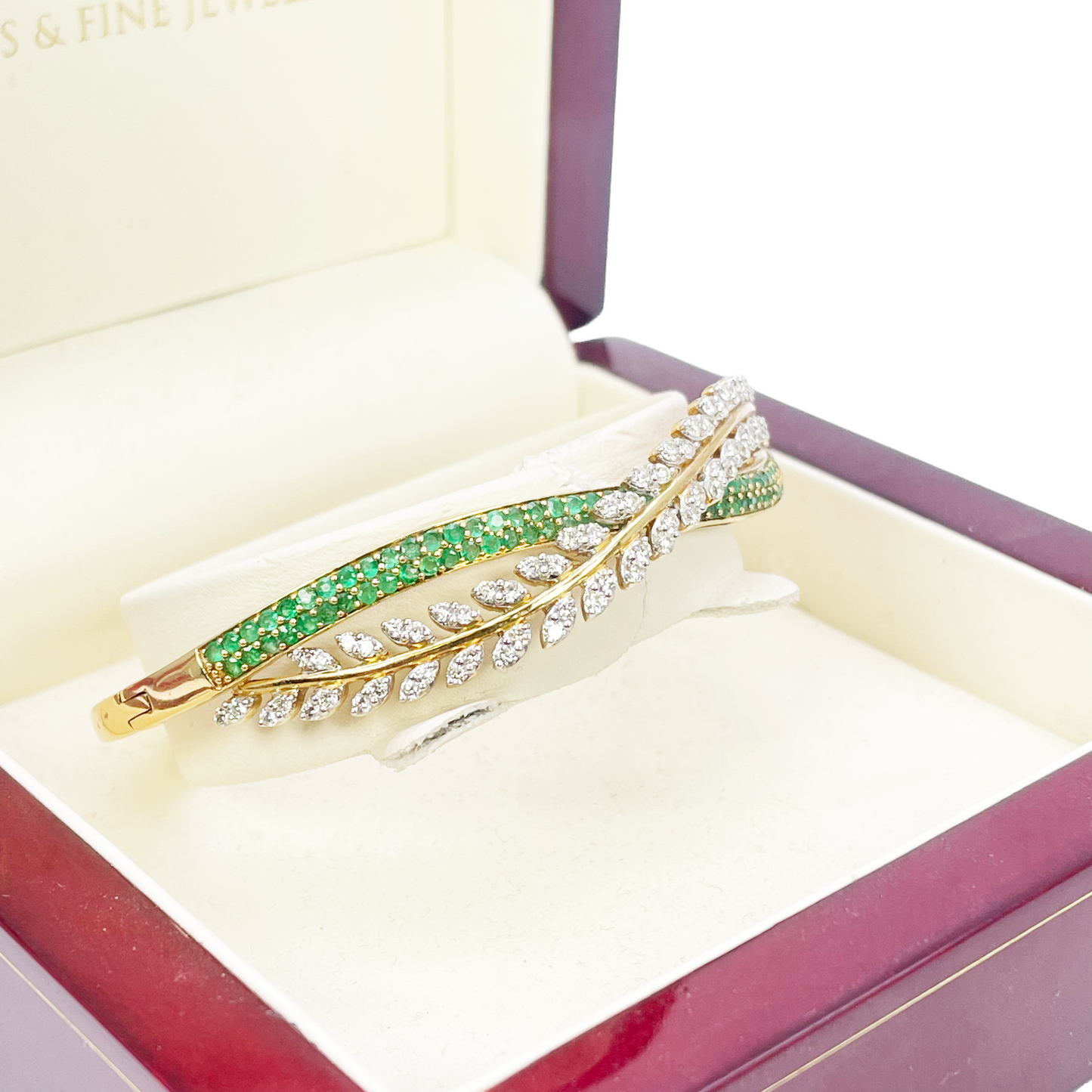 18ct Yellow Gold Diamond & Emerald Leaf Bangle Bracelet 2.17ct Diameter 2.2 Inch