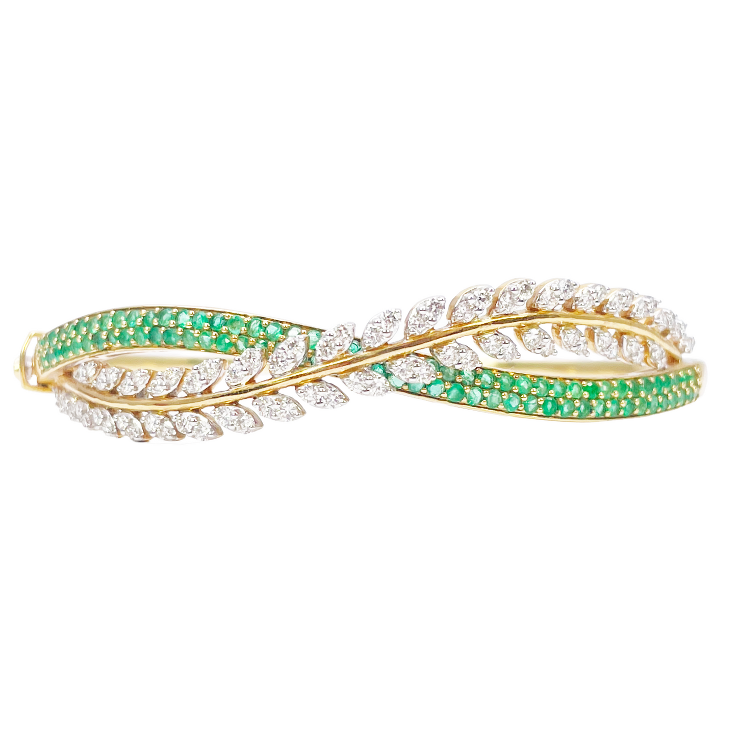 18ct Yellow Gold Diamond & Emerald Leaf Bangle Bracelet 2.17ct Diameter 2.2 Inch
