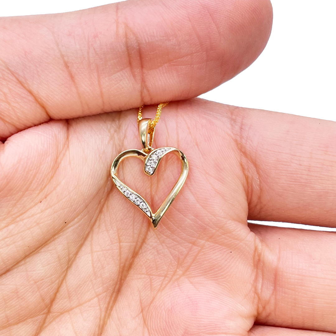 14ct Yellow Gold Diamond Open Heart Pendant 0.03ct & 16 inch Chain Necklace
