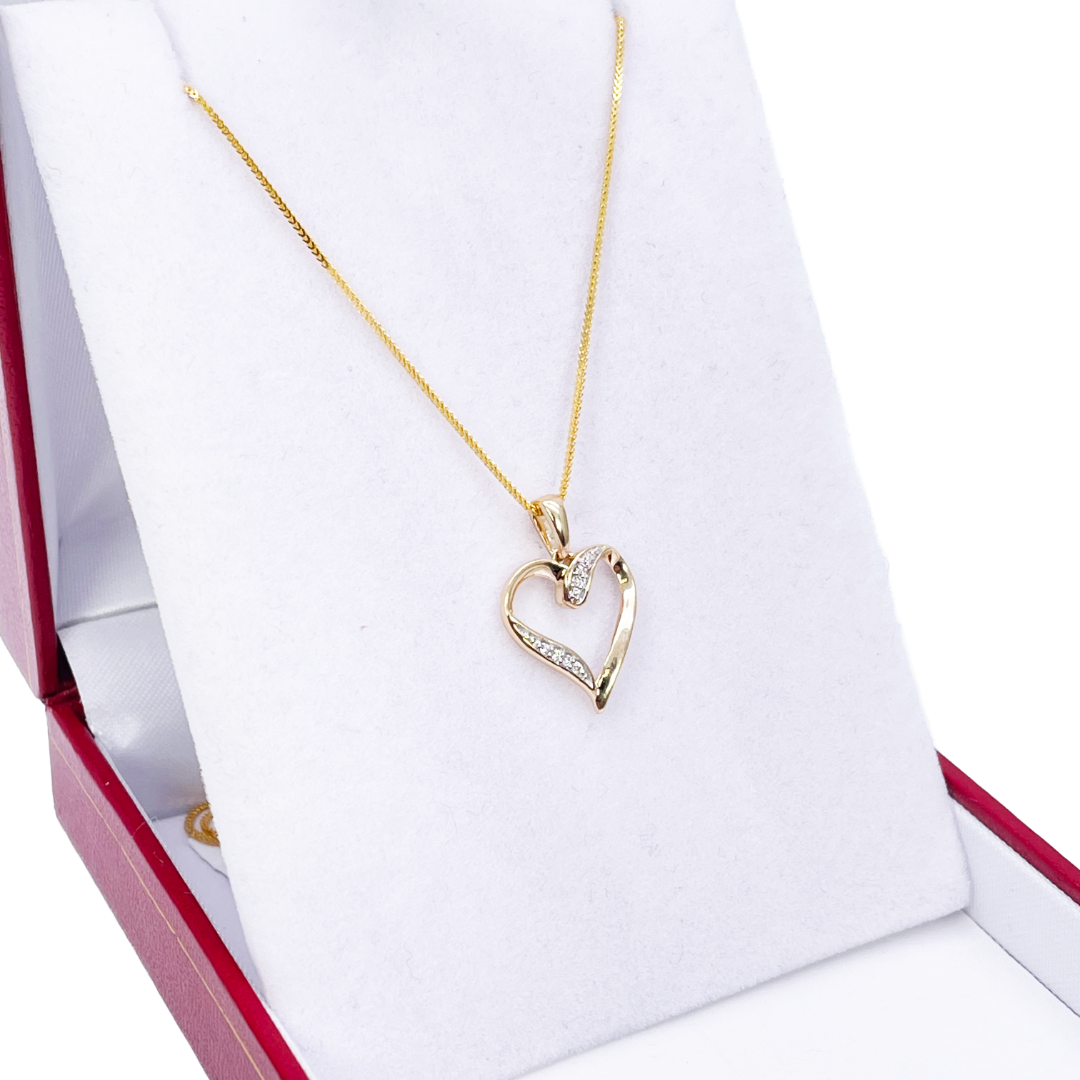 14ct Yellow Gold Diamond Open Heart Pendant 0.03ct & 16 inch Chain Necklace