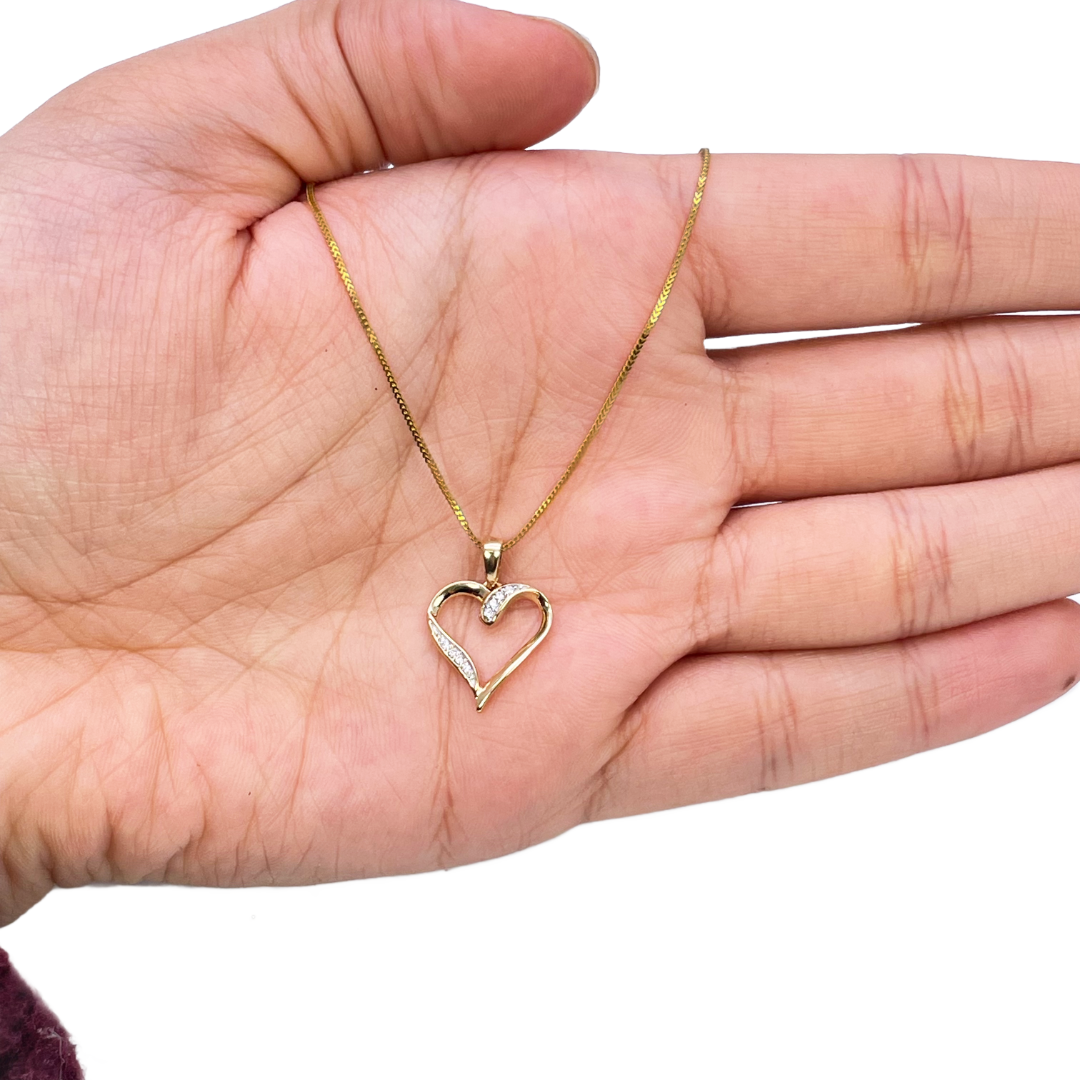 14ct Yellow Gold Diamond Open Heart Pendant 0.03ct & 16 inch Chain Necklace