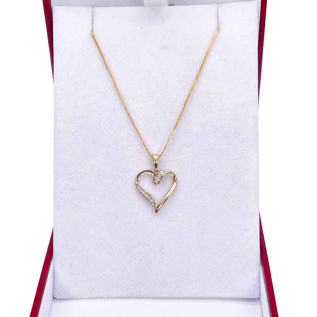14ct Yellow Gold Diamond Open Heart Pendant 0.03ct & 16 inch Chain Necklace