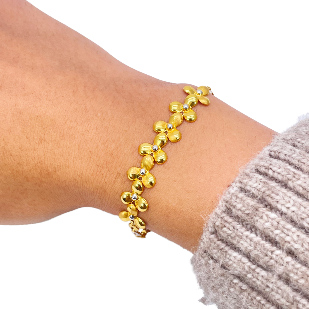 22ct Yellow Gold Fancy High Polished & Matte Two Tone Flower Bracelet 7.5 inch
