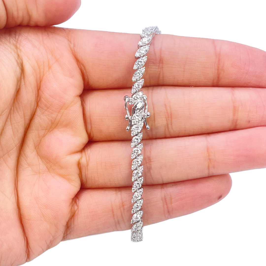 18ct White Gold & Natural Diamond Leaf Marquise Style Tennis Bracelet 3.21ct