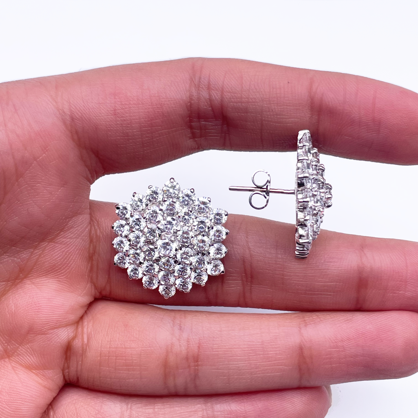 9ct White Gold Cubic Zirconia Hexagonal Cluster Earrings Hallmarked 20mm Wide