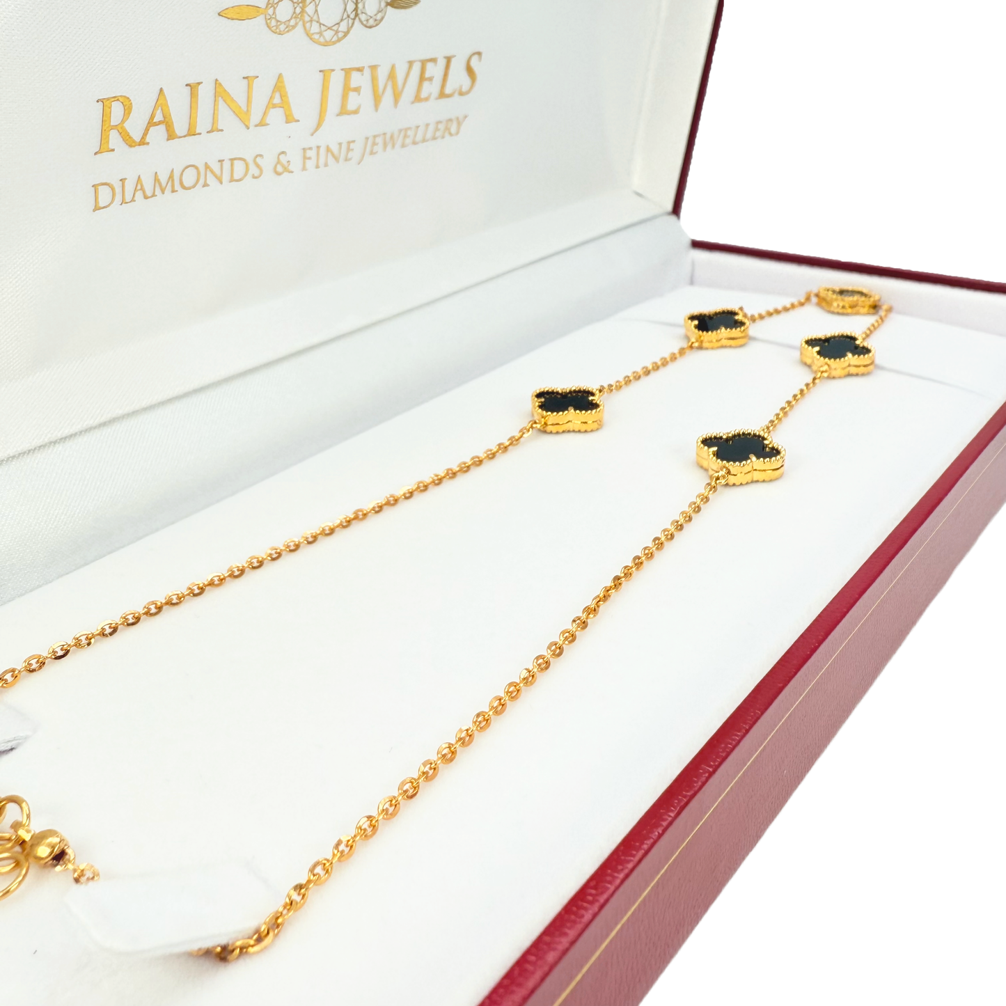 22ct Yellow Gold Black Onyx Clover Necklace 18 Inches