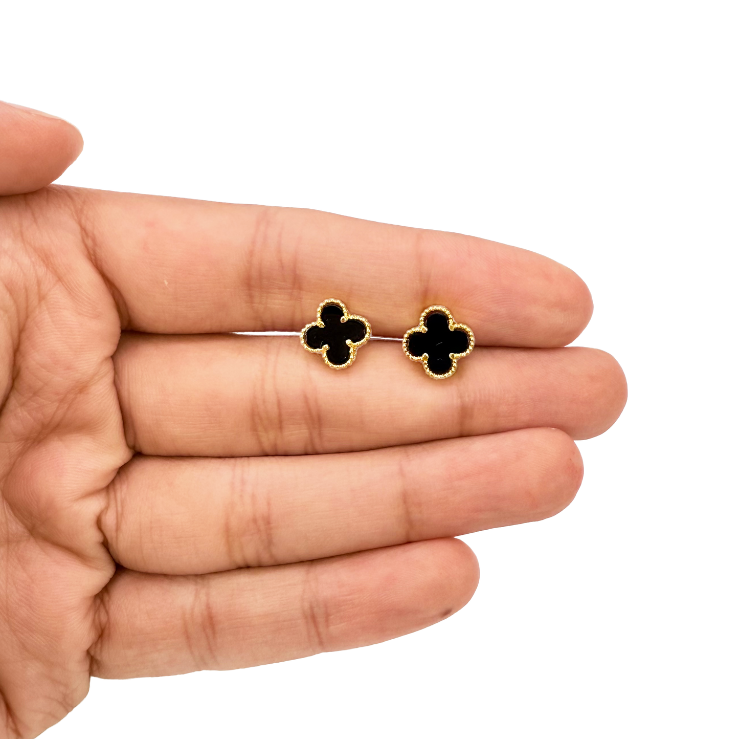 22ct Yellow Gold Small Black Onyx Clover Stud Earrings 9mm Width