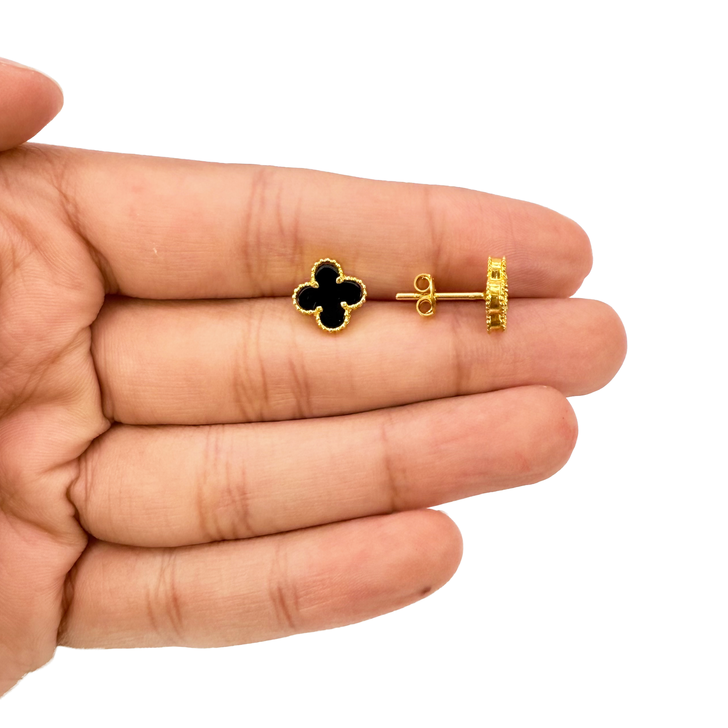 22ct Yellow Gold Small Black Onyx Clover Stud Earrings 9mm Width