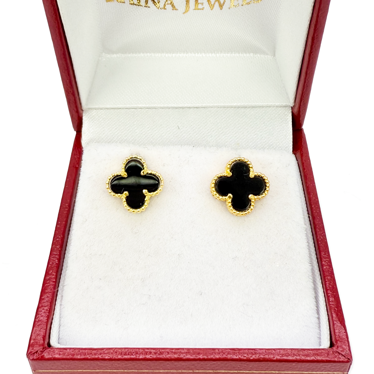 22ct Yellow Gold Small Black Onyx Clover Stud Earrings 9mm Width