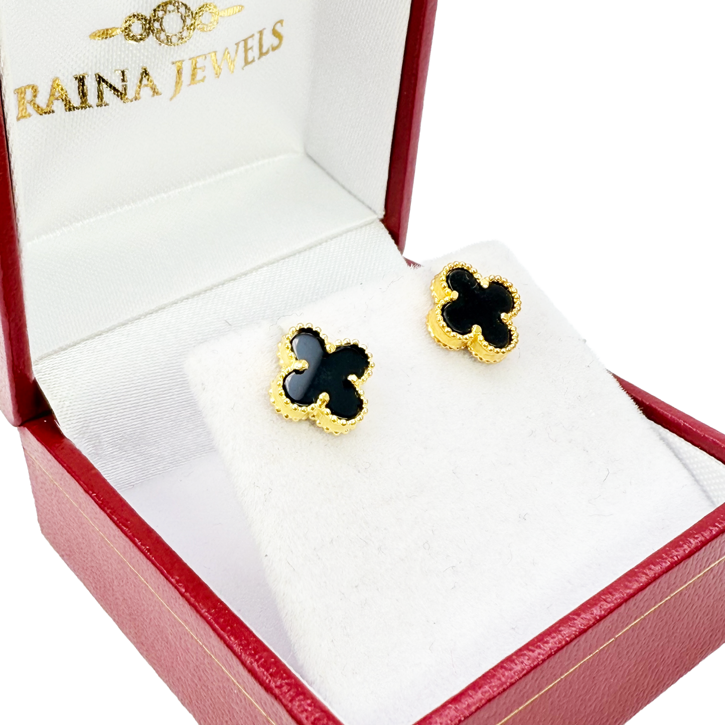 22ct Yellow Gold Small Black Onyx Clover Stud Earrings 9mm Width