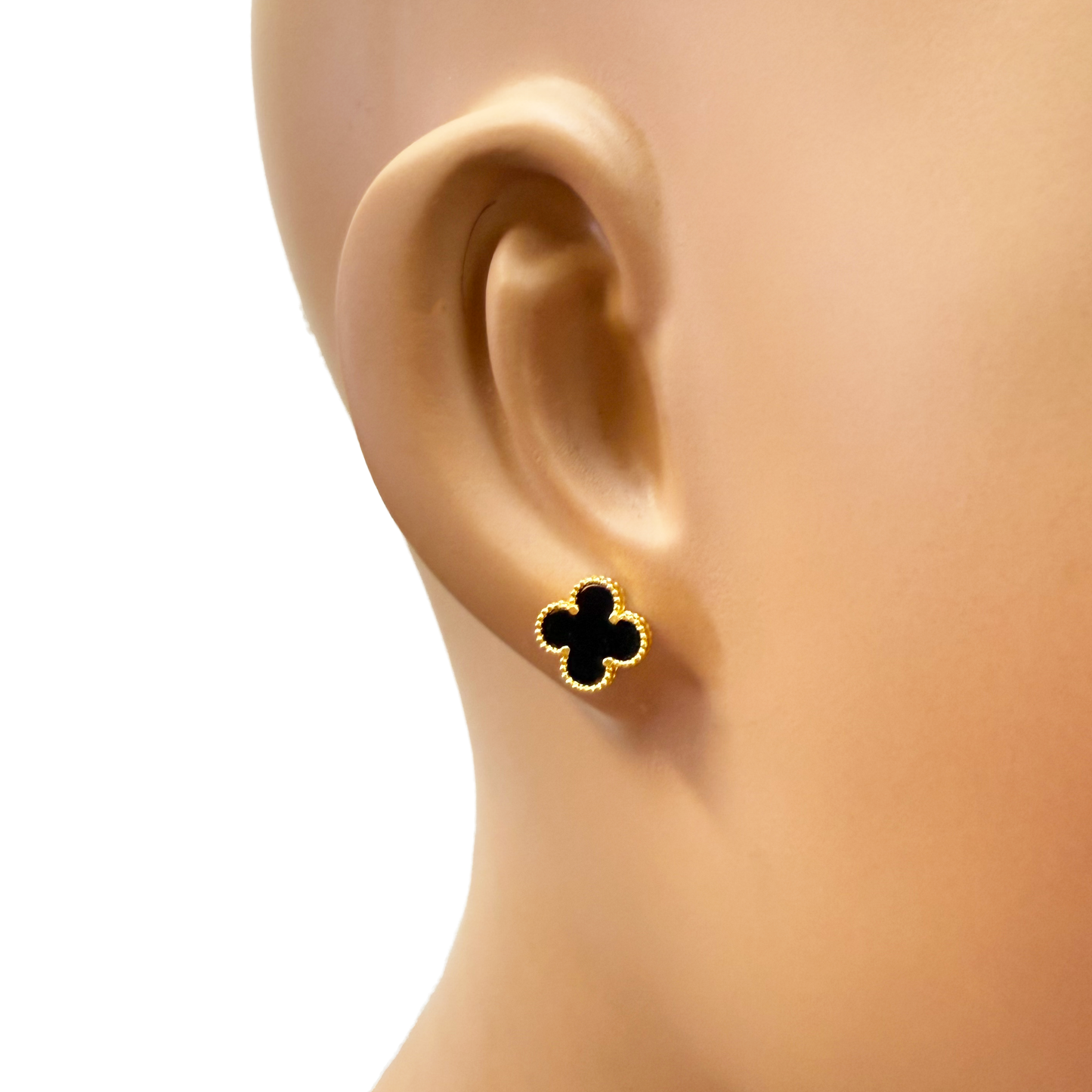 22ct Yellow Gold Small Black Onyx Clover Stud Earrings 9mm Width