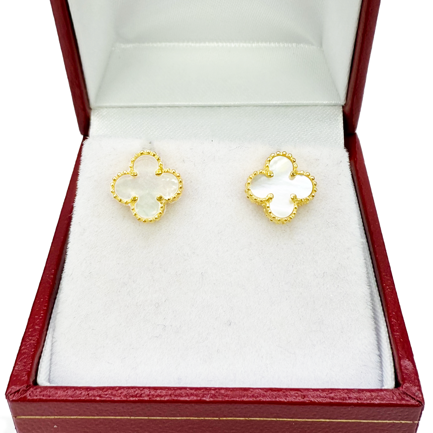 22ct Yellow Gold Small Mother Of Pearl Clover Stud Earrings 9mm Width