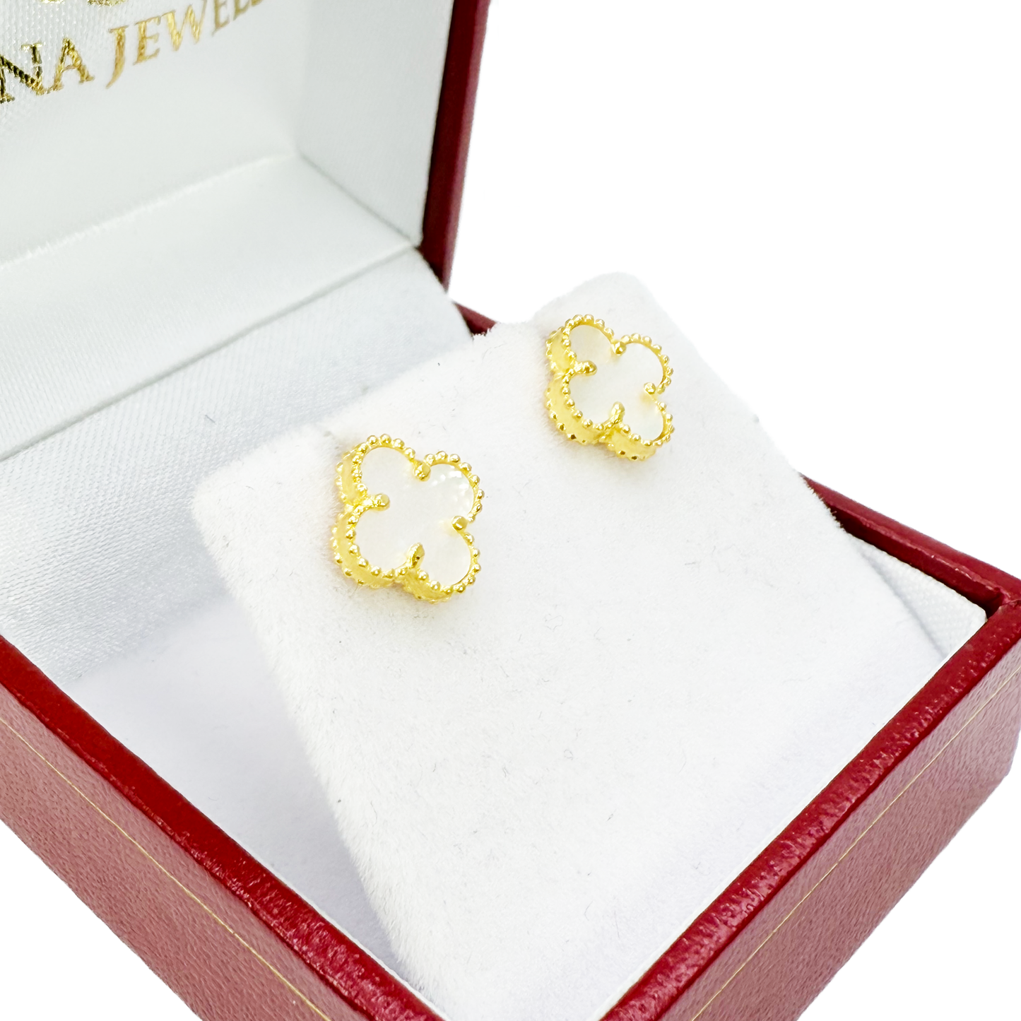 22ct Yellow Gold Small Mother Of Pearl Clover Stud Earrings 9mm Width
