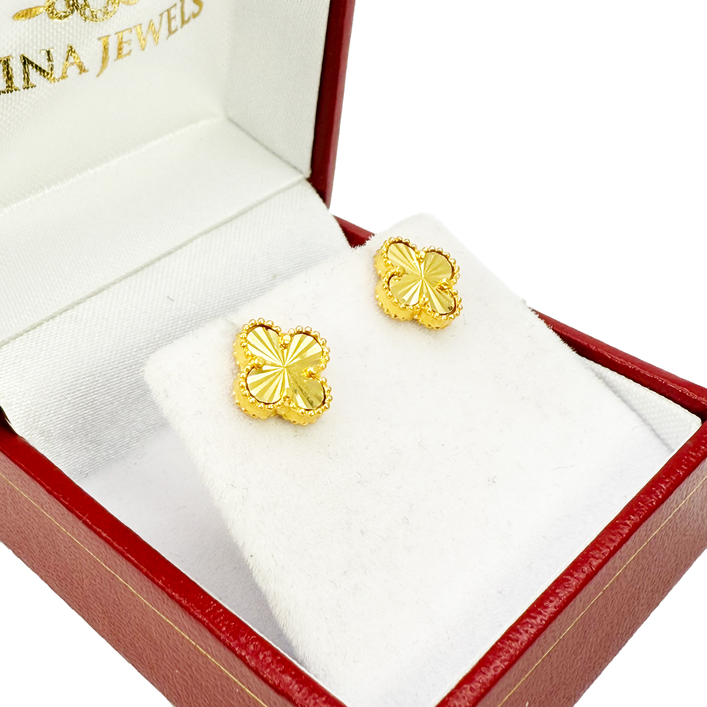 22ct Yellow Gold Small Diamond Cut Clover Stud Earrings 9mm Width