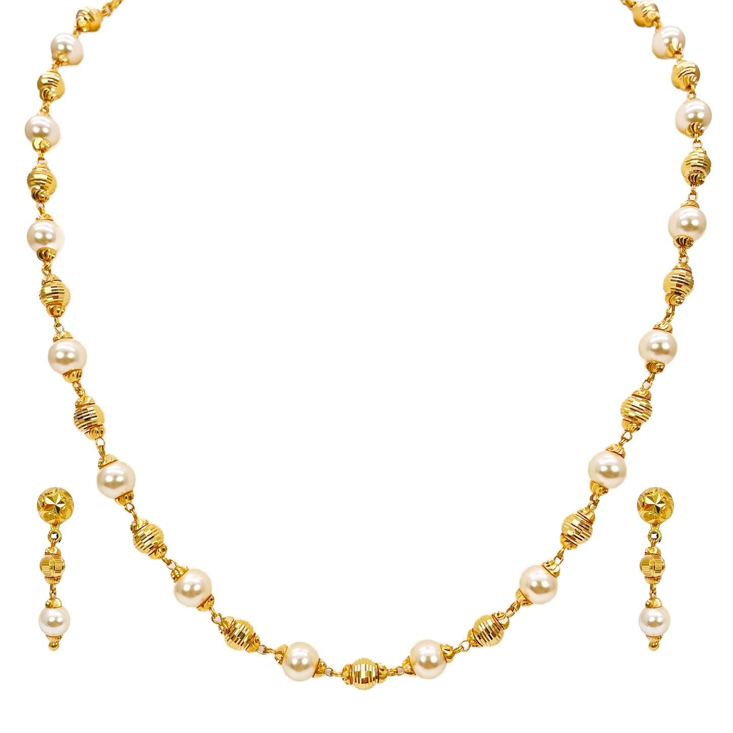 22ct Yellow Gold Pearls & Beaded Diamond Cut Ball Necklace/Earrings Set