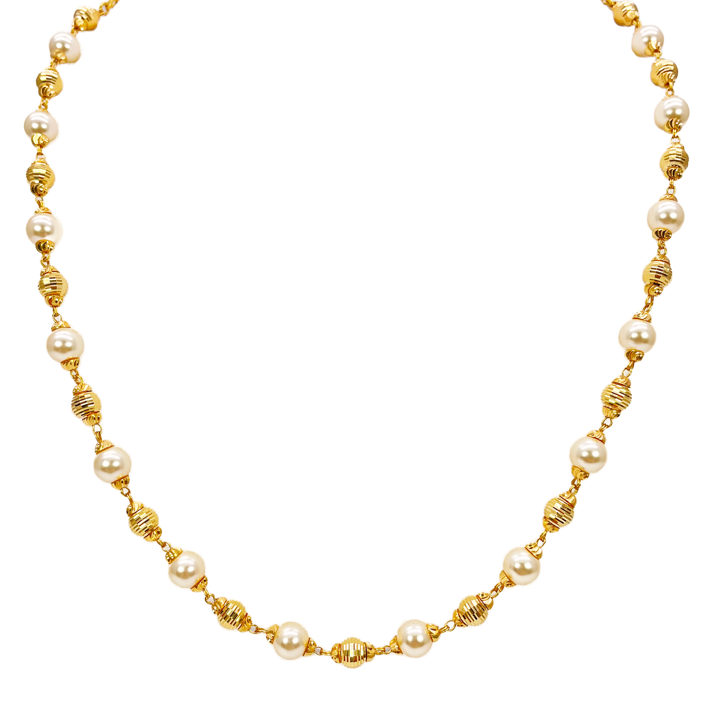 22ct Yellow Gold Pearls & Beaded Diamond Cut Ball Necklace/Earrings Set