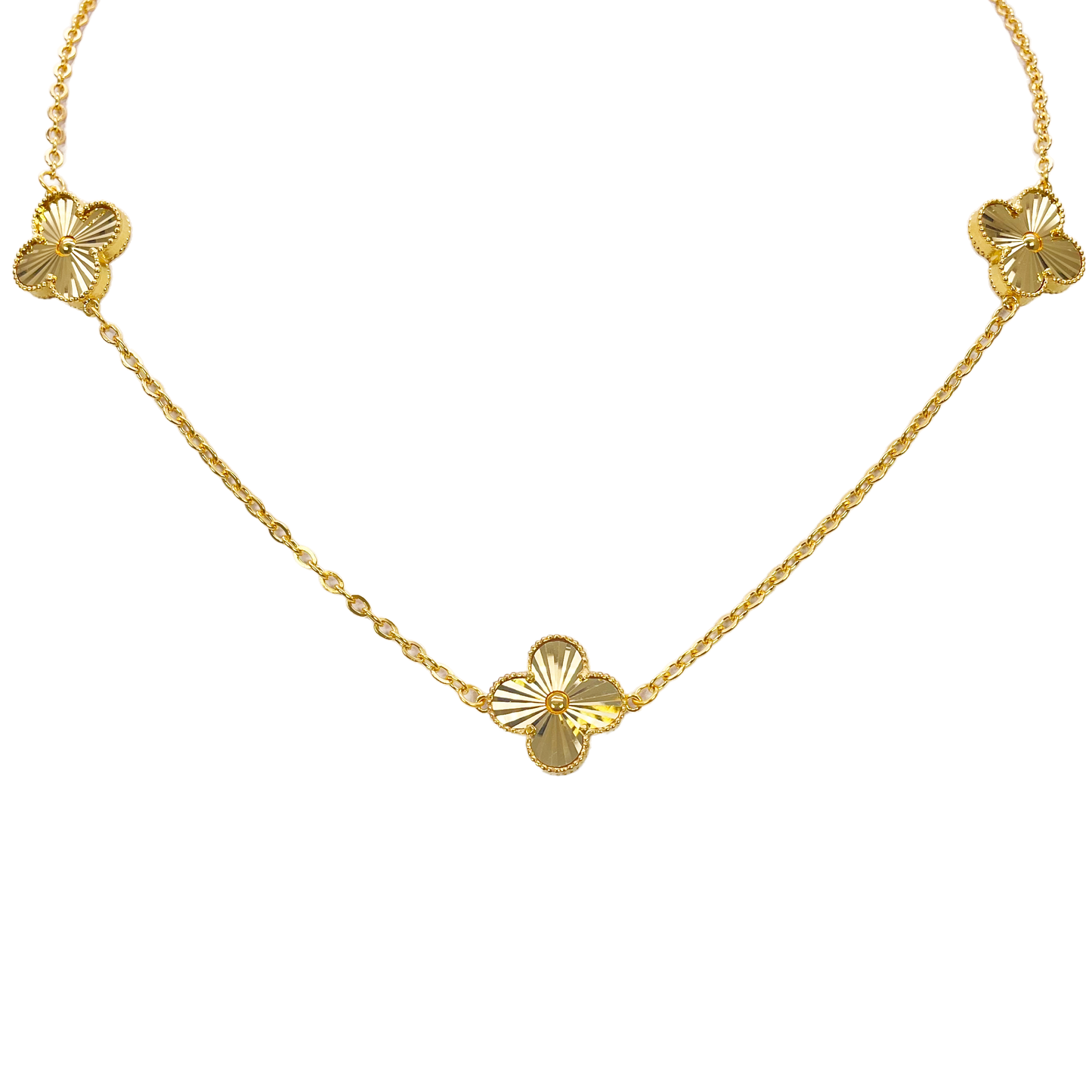 22ct Yellow Gold Three Flower Necklace 18 Inches Width 13.5mm