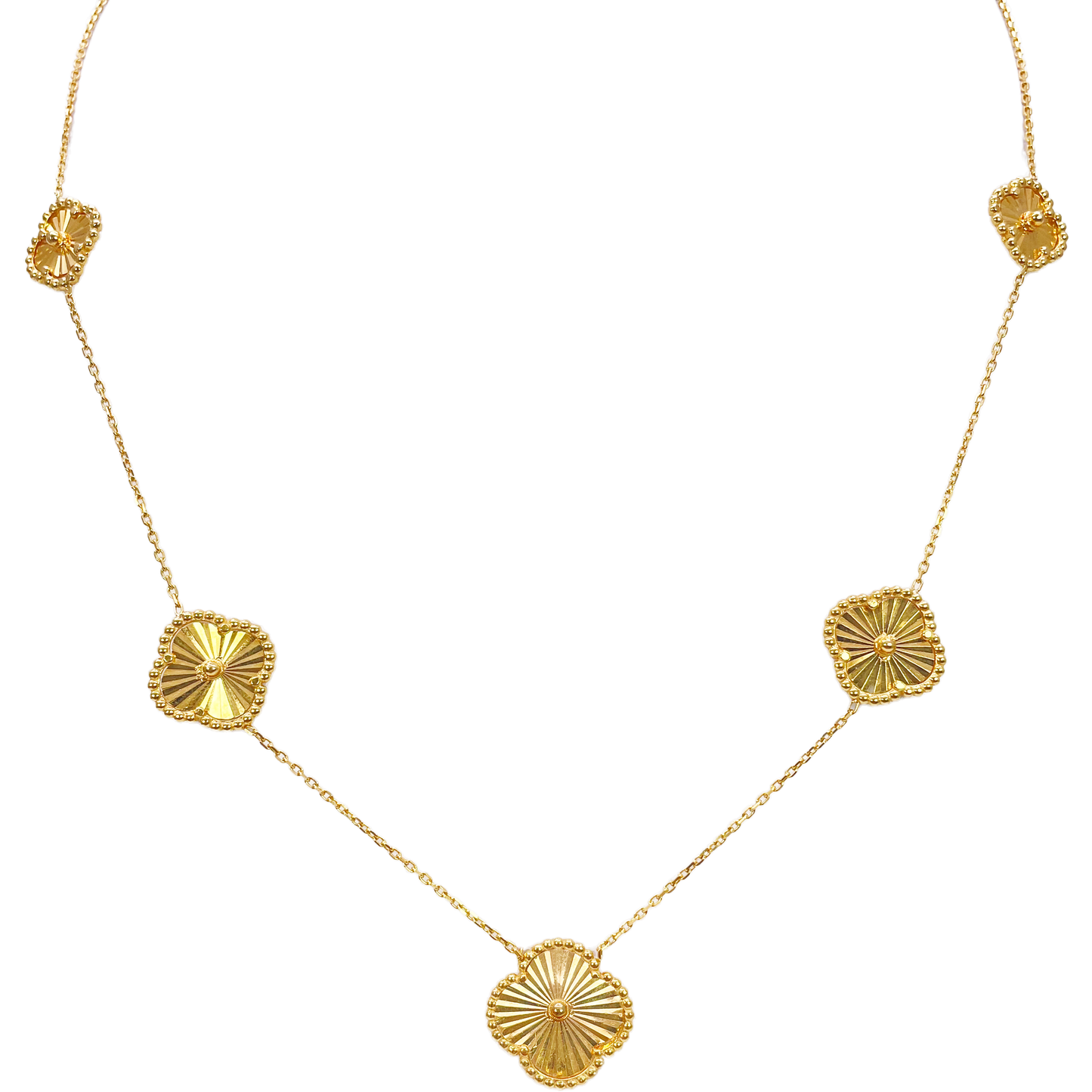 22ct Yellow Gold Five Flower Diamond Cut Necklace 18 Inches Width 14.2mm