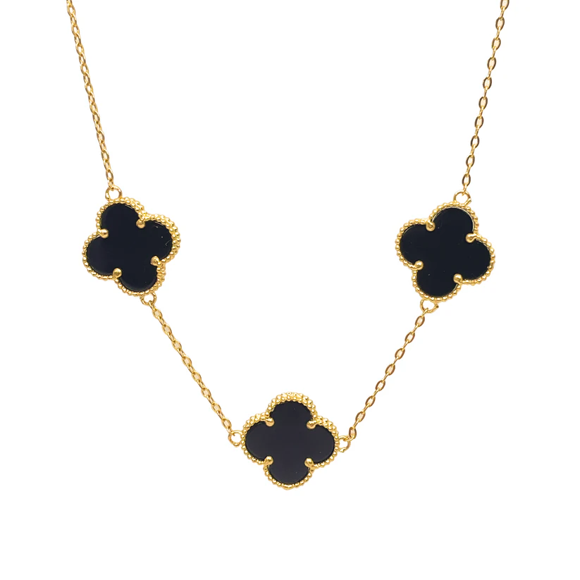 22ct Yellow Gold Black Onyx Three Clover Necklace, Bracelet & Matching Earrings Set