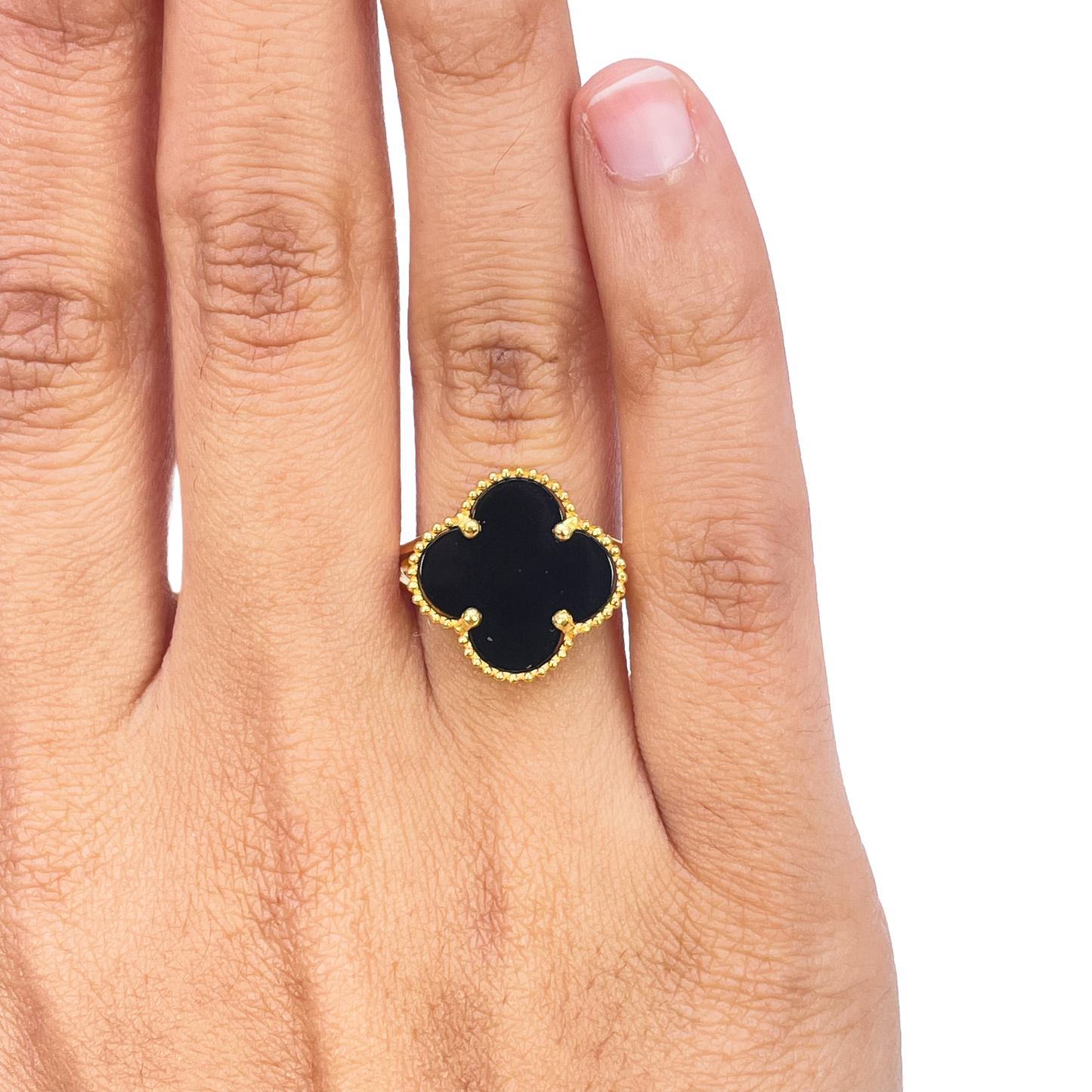 22ct Yellow Gold Trendy Black Onyx Leaf Split Shank Ring