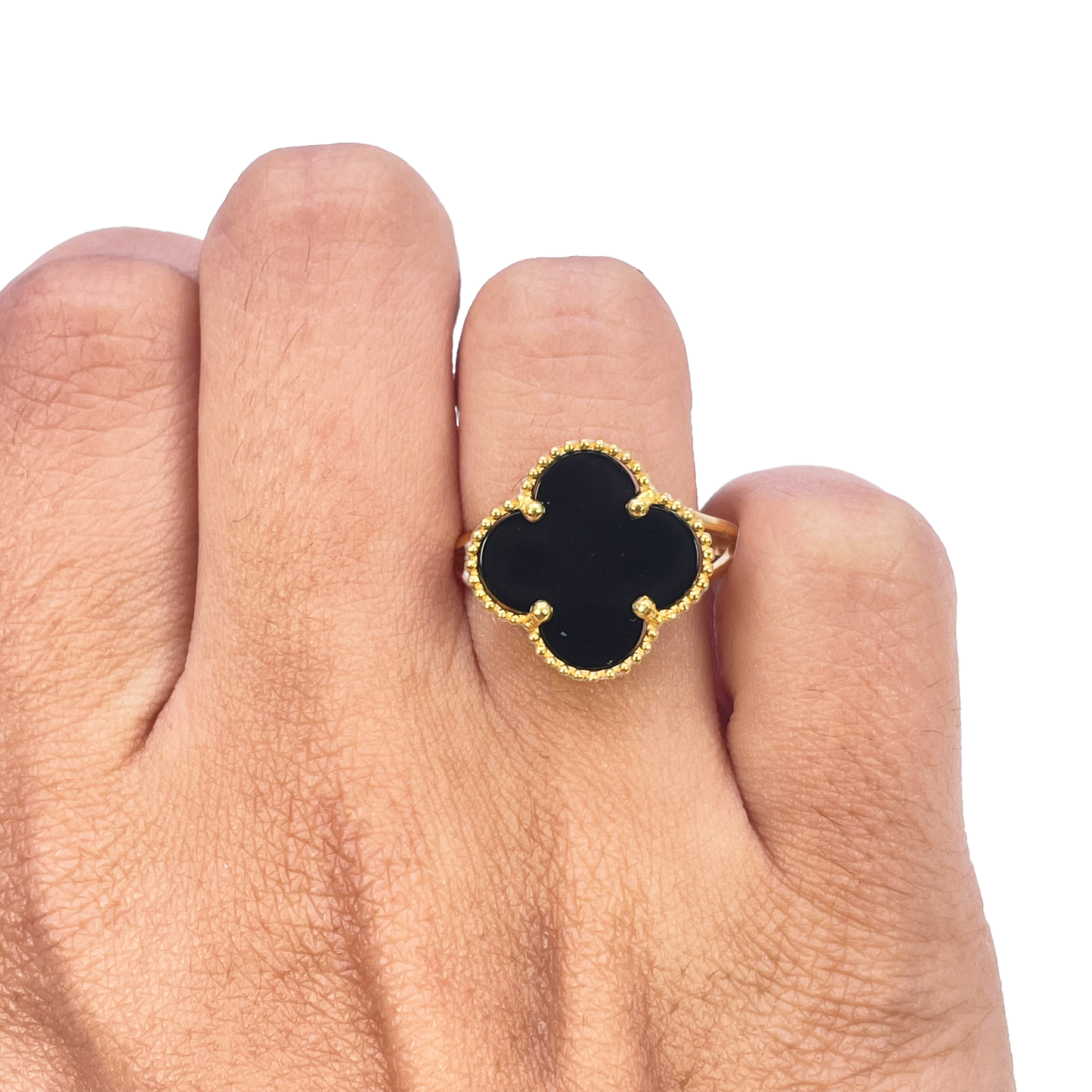 22ct Yellow Gold Trendy Black Onyx Leaf Split Shank Ring