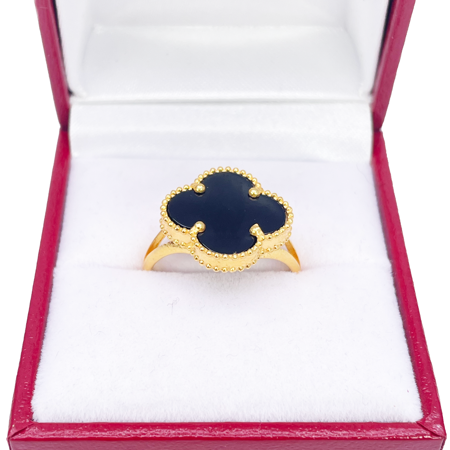 22ct Yellow Gold Trendy Black Onyx Leaf Split Shank Ring