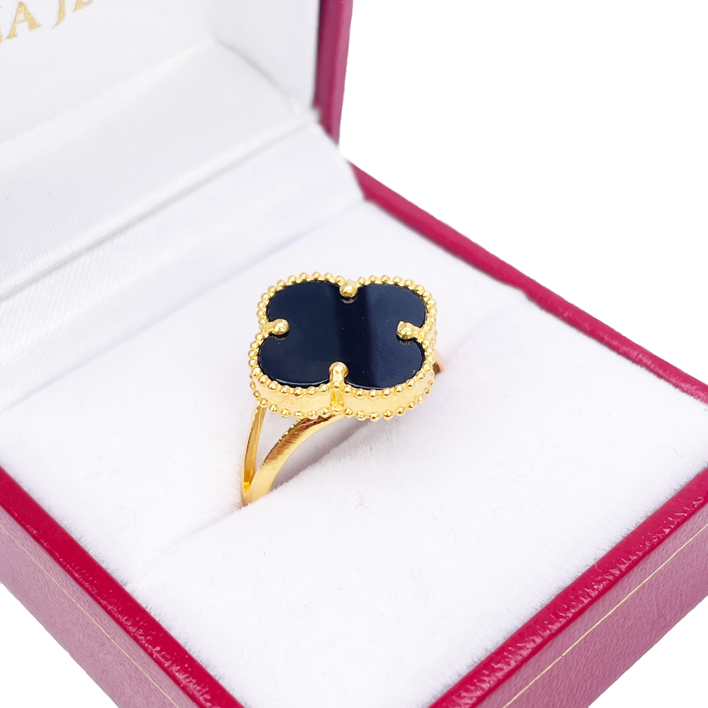 22ct Yellow Gold Trendy Black Onyx Leaf Split Shank Ring