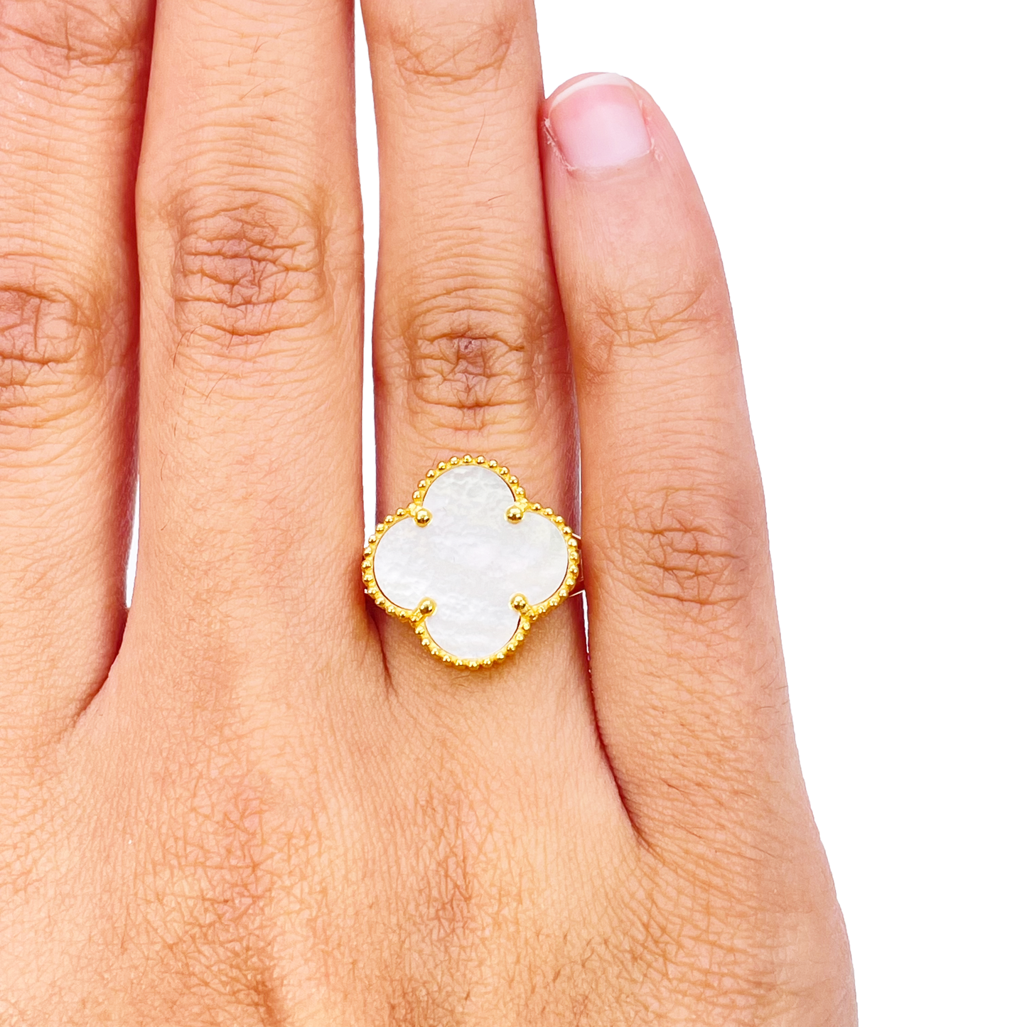 22ct Yellow Gold Trendy Mother Of Pearl Leaf Split Shank Ring