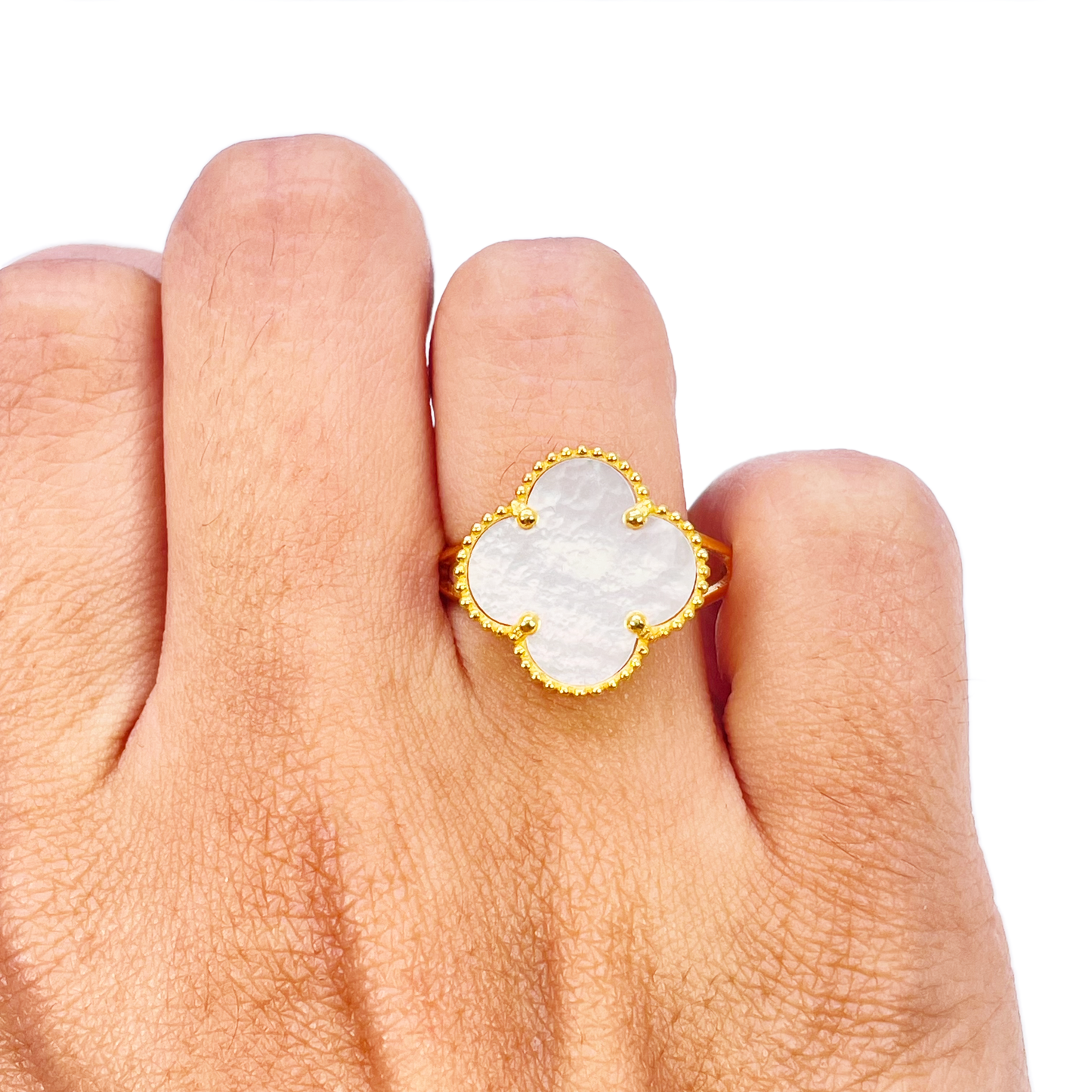 22ct Yellow Gold Trendy Mother Of Pearl Leaf Split Shank Ring