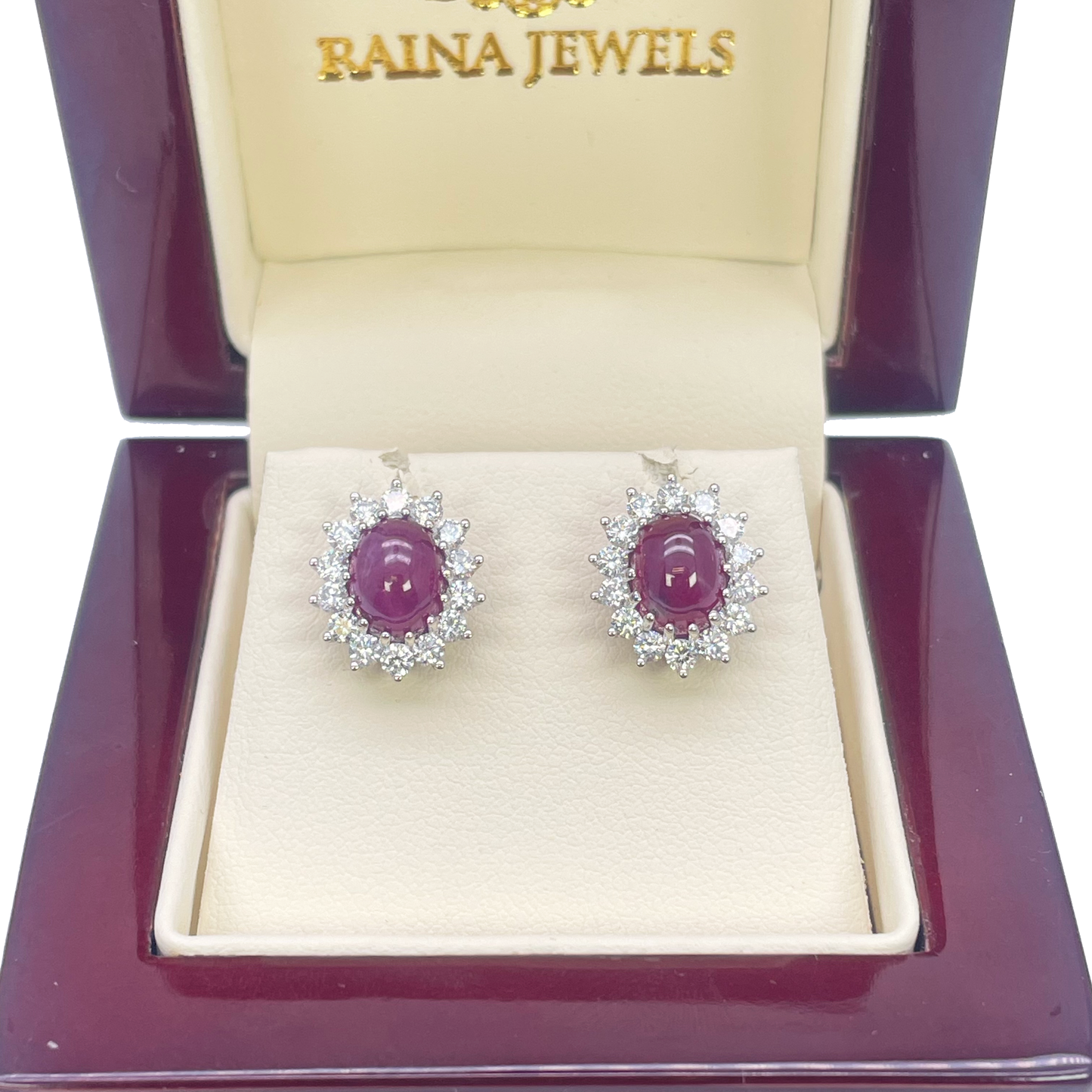 Platinum Cabochon RedRuby & Diamond Oval Cluster Earrings 5.60ct GIA Certificate
