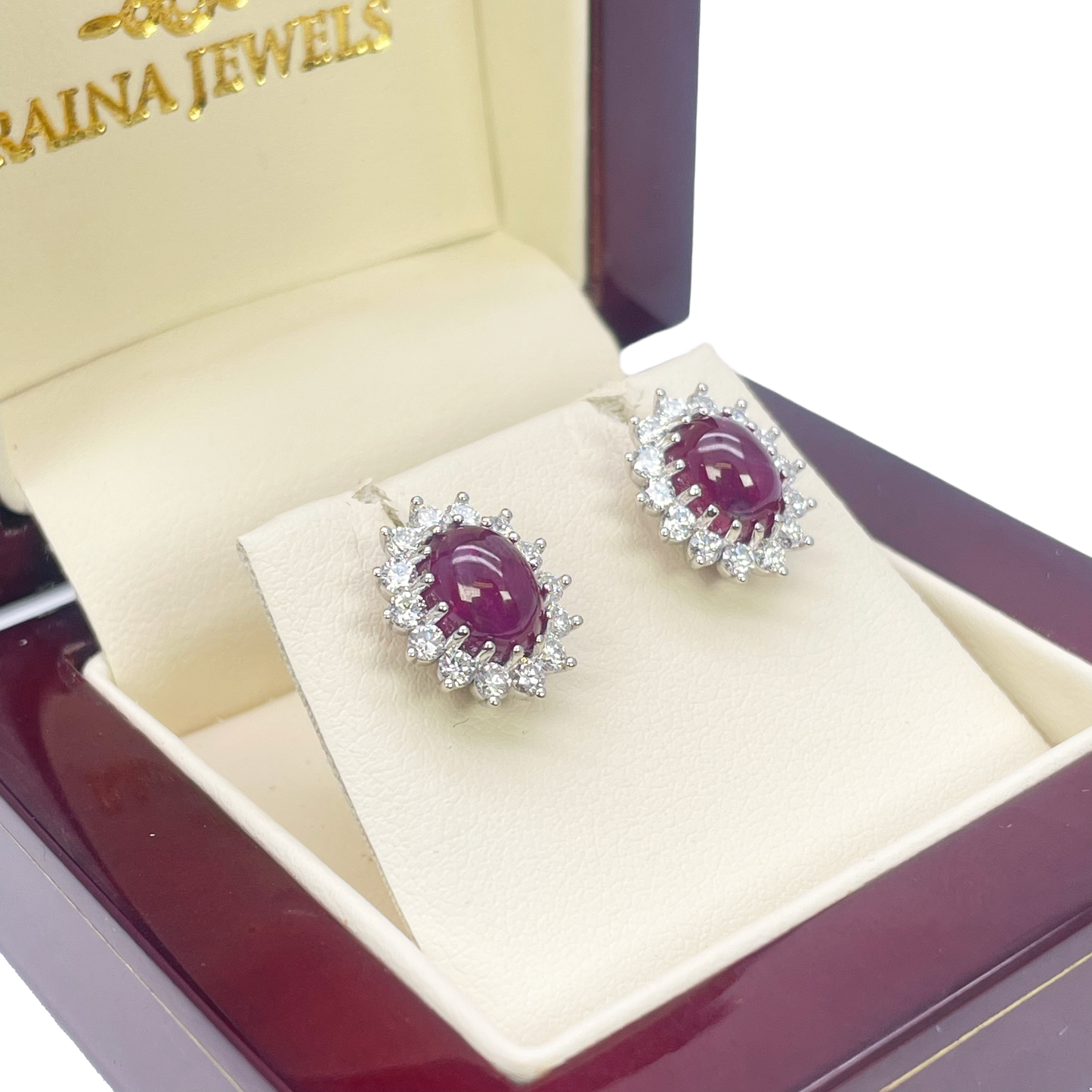 Platinum Cabochon RedRuby & Diamond Oval Cluster Earrings 5.60ct GIA Certificate