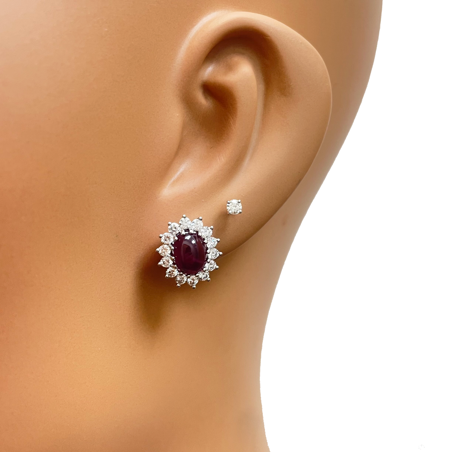 Platinum Cabochon RedRuby & Diamond Oval Cluster Earrings 5.60ct GIA Certificate
